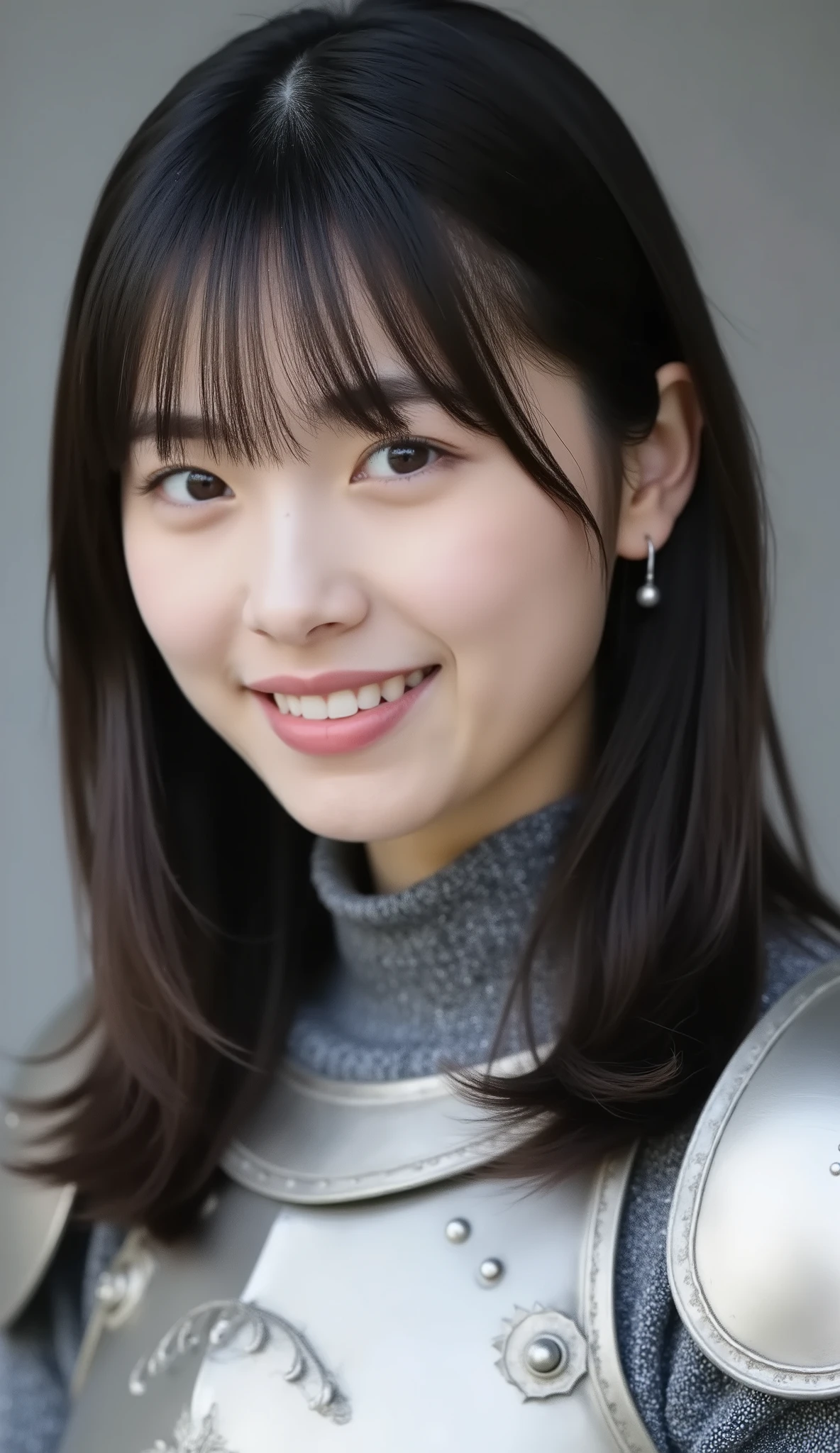 young woman in luxurious silver armor、、Female Knight、、、ear piercing、camera from the knee、looking directly in front、smile showing teeth、、face close-up、grey background、

