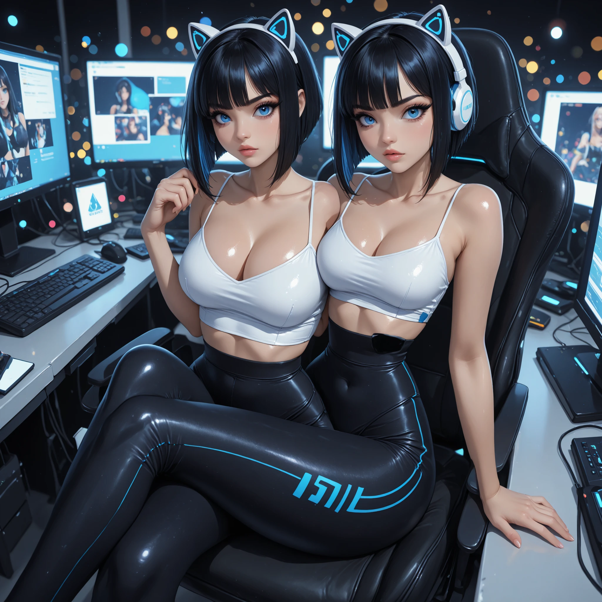 cute girls, blue eyes, black hair,smiling,cropped sweater,thong,g-string,cyborg,gaming room,perfect body,behind