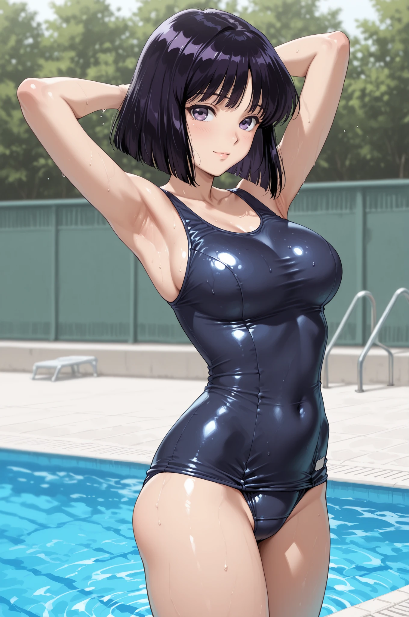 (high quality, High resolution, Finer details), Brick Street, Sunshine Shine, break (Light Blue Knit, Sleeveless, High neck), break White pleated long skirt, Flowing fabric, break Standing, alone, Curvy Women, Sparkling eyes, (Detailed eyes:1.2), Natural Makeup, Earrings, smile, blush, Sweat, Oily skin, Soft colors, Wind, Bokeh, Shallow depth of field