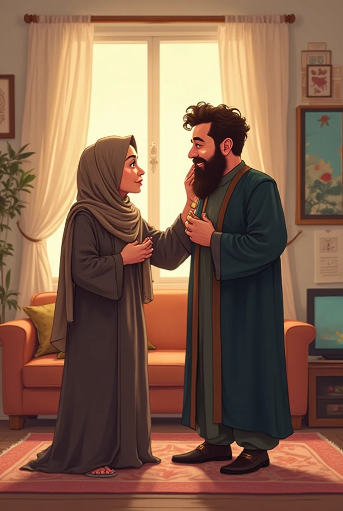 Pale skin Kurdish woman in hijab  shoulder  arm breasts  talking with a Arab man in luxury bedroom view from side angry raged 