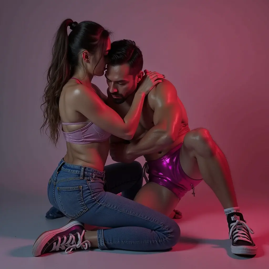 A young Puerto Rican man hairy bearded strong muscular red underwear bulge bulge, having his underwear pulled down naked naked examined by a beautiful woman in red panties crouching in front of him, in performance on a stage of a television program presented by a famous presenter.