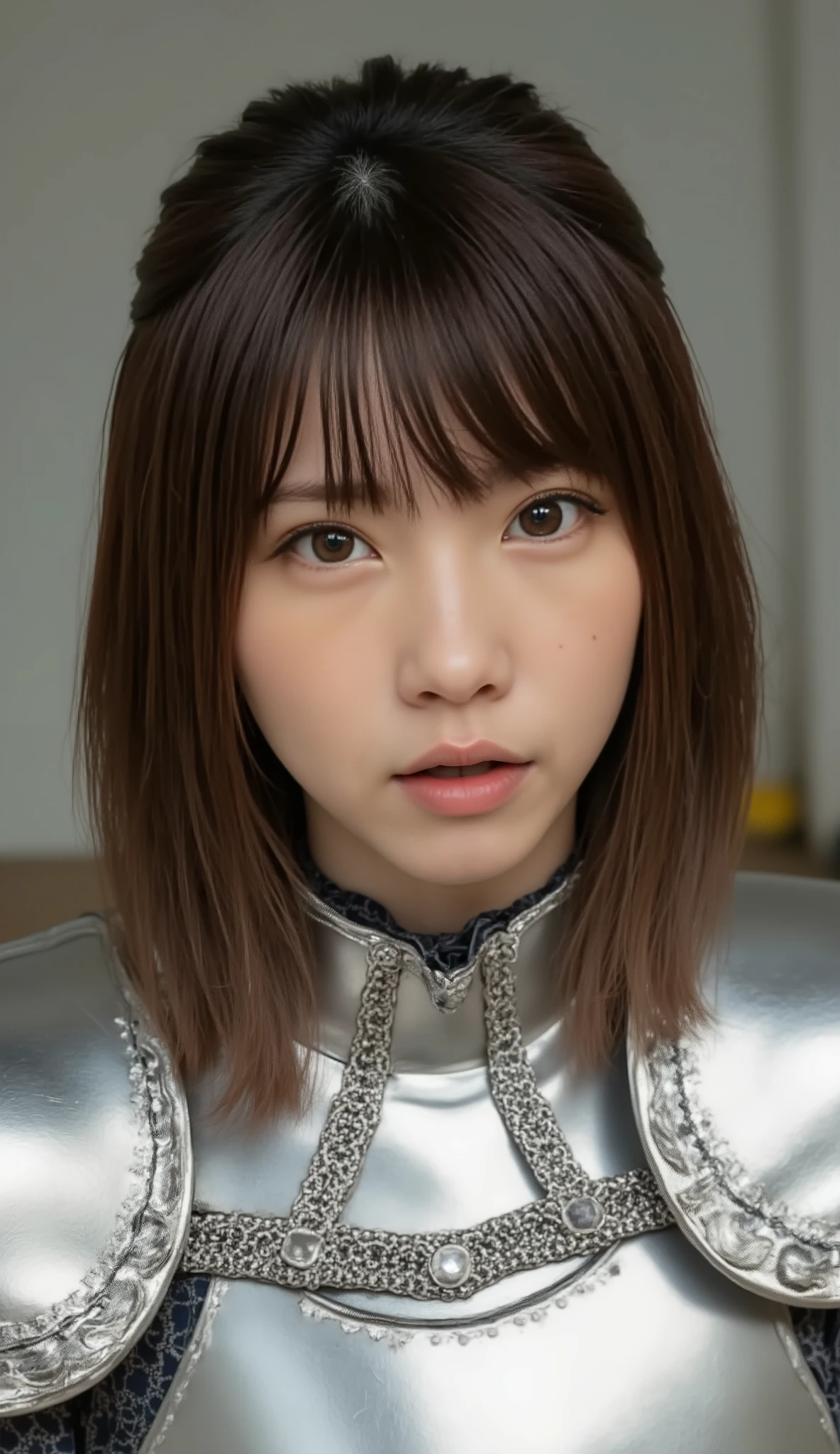 young woman in luxurious silver armor、、Female Knight、、、ear piercing、camera from the knee、looking directly in front、has bangs and is making a small scream、、is closing his mouth、、face close-up、grey background、