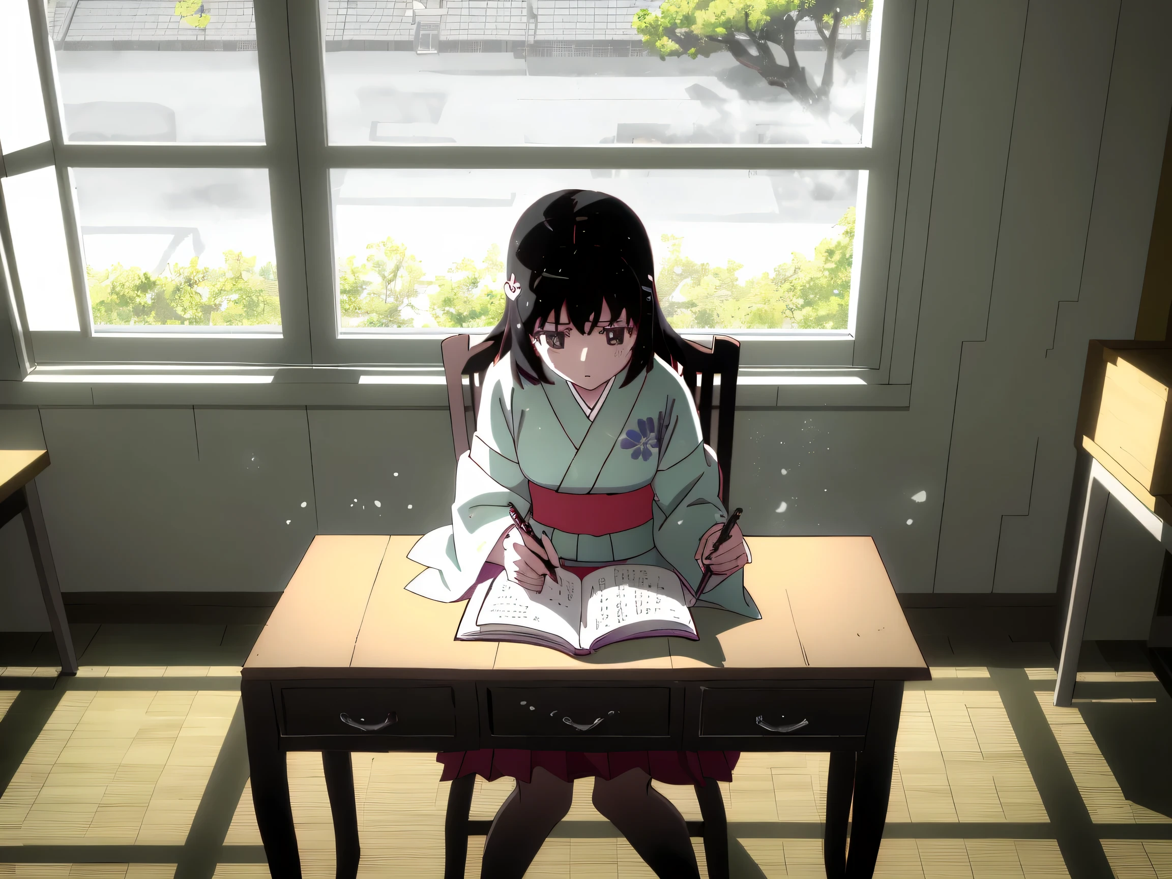 A calm reading scene in a warm, softly lit study room.
A single book titled "世界の見方" lies open on a wooden desk,
a fountain pen beside it.
Soft morning light from a window, dust particles floating.
Mood: reflective, philosophical, gentle curiosity.
Style: Japanese illustration, minimalistic, warm tones.