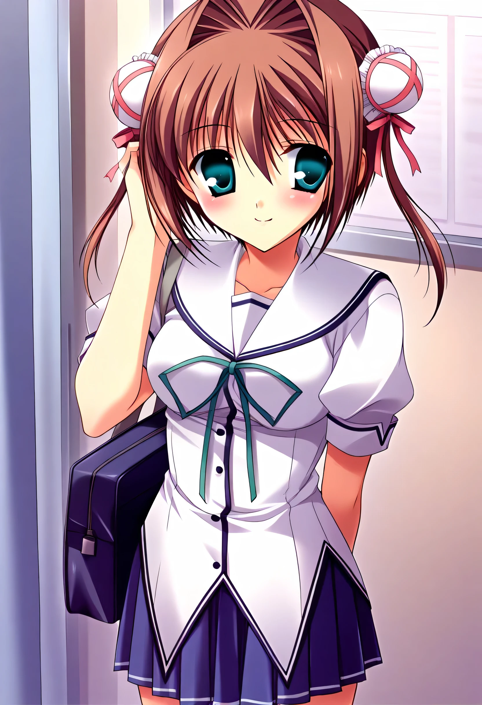 Dream,Fraction_9,Fraction_8_Up,Fraction_7_Up,Sauce_cartoon,1 girl,(Small and medium breasts),Standing Condition,white uniform,sailor suit,Short sleeve,blue pleated mini skirt,short television sleeves,place your arms behind your back,bag,Underwear area ,Smile,Look away,Blush,Keep your mouth shut,