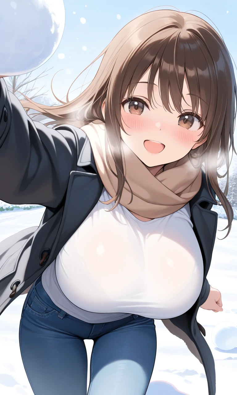 attractive korean woman, ripped muscle, muscular body, small ??????, pale skin, smile(blush), ????, cross necklace, sixpack abs, [ultra detailed skin:1.2], brown hair, long wavy hair, 8k uhd, ?????, full body, crowd, public, snow, standing,