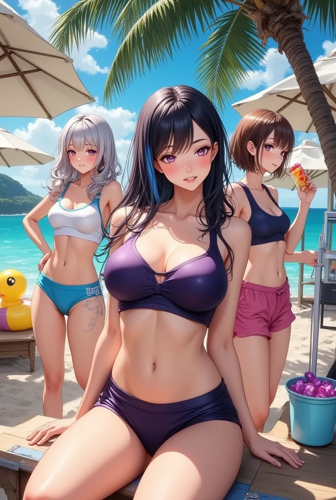 (highest quality:1.1), (masterpiece:1.2), Five Girls，Swimwear，Are standing，High Quality Shadows, Beautiful details, Beautiful Face, Fine grain,Depth of written boundary, High resolution, Best Shadow, Best lighting, daughter, Displaying the viewer, （Five-colored hair:1.3)，Brush Cut，Very short hair, Blunt bangs, Long Hair, Iris, shy, ???????????, mini skirt, Swimwear, pump, Sea Beach，green，cloud， Sunburn，Boo Markers，Cleavage，Looking into the camera，smile，closeup Cleavage，Super Skirt