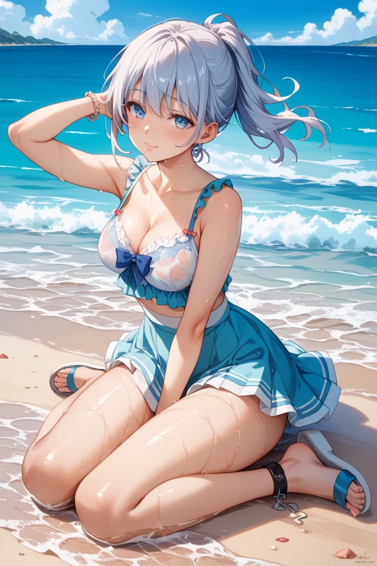 top quality, (masterpiece: 1.2), very detailed, sea, sun, light, splash,
1 girl, solo, muse, smile, viewer, gray hair, circle of angels, short hair, green eyes, light in the eyes, hair flowers, blue bikini, ruffled bikini, realistic, from the knee up, wind, flower, glowing skin, ultra-real, reality, photorealistic, portrait,