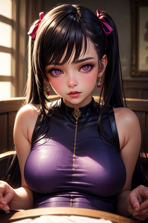 1girl, beautiful face, long hair, huge breasts, bright hair color, detailed eyes, beautiful eyes, perfect noise, perfect eyes, detailed skin, masterpiece, best quality, 32K, sharp focus, brown hair, multicolored hair, green eyes, maid, maid headdress, maid apron, cherry blossoms, sunbeam, wallpaper,