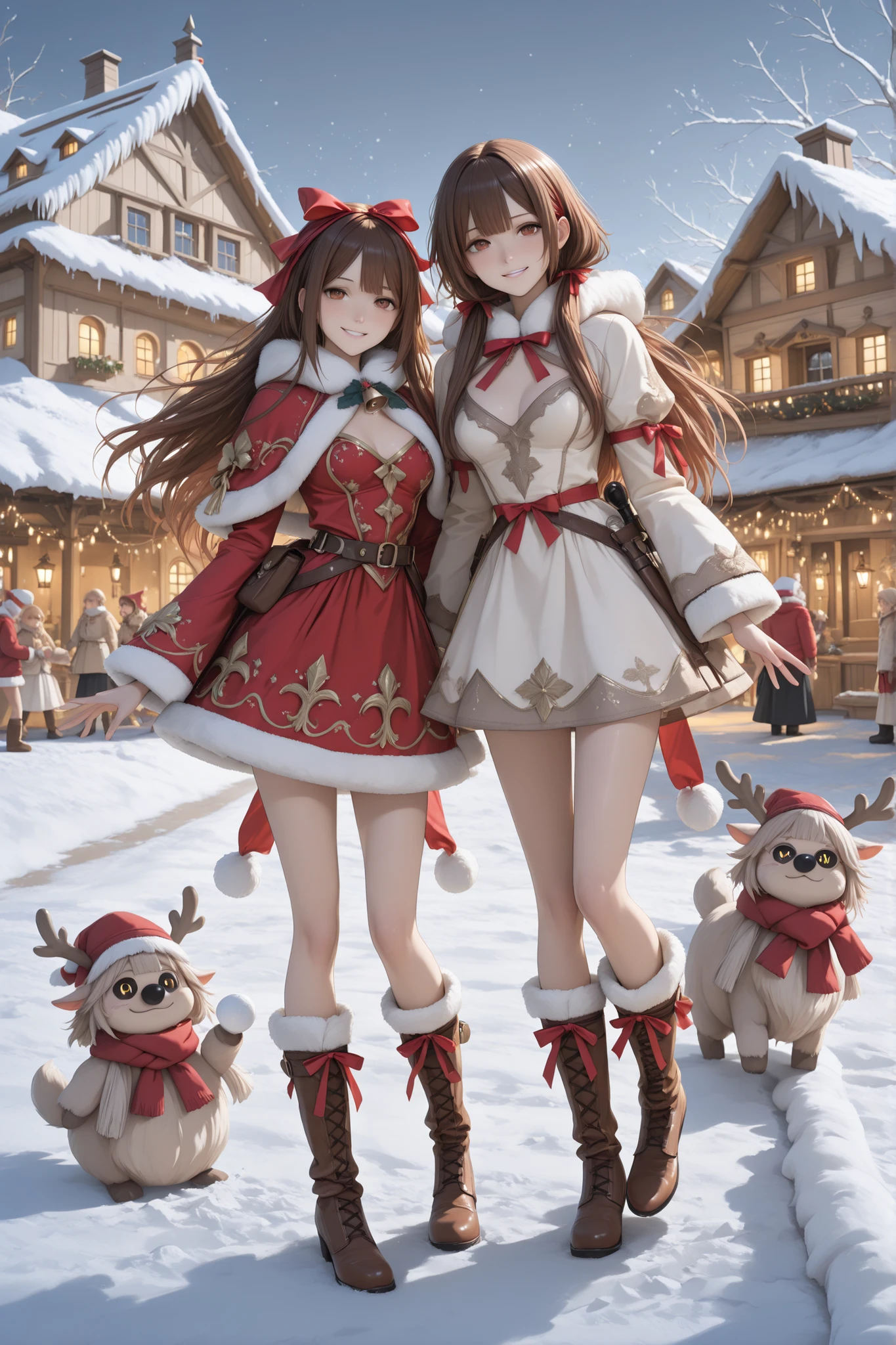 detailed background,Two girls facing each other in a snowy field,Focus on Glowing Skin, they're cheering for 2 people by surrounding them with animals,1 has gold trim on a white dress. they're elaborate I'm wearing a Santa Claus fairy costume, the other has gold trim on a red dress,they're staring straight at the viewer with a gentle smile,red ribbon,lots of ribbons, juliet sleeve , tall brown leather boots with buckles and、they're about to start a snowball fight,(((they're elaborate))).(((((Beautiful winter village scenery)))))I can see twinkling lights around.