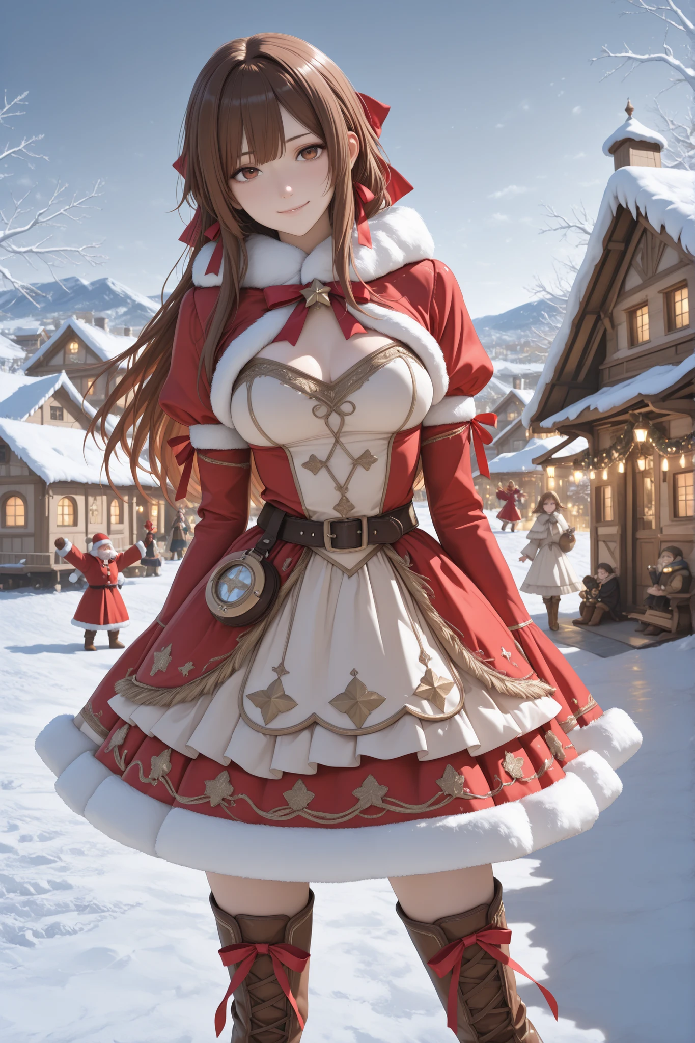 detailed background,Two girls facing each other in a snowy field,Focus on Glowing Skin, they're cheering for 2 people by surrounding them with animals,1 has gold trim on a white dress. they're elaborate I'm wearing a Santa Claus fairy costume, the other has gold trim on a red dress,they're staring straight at the viewer with a gentle smile,red ribbon,lots of ribbons, juliet sleeve , tall brown leather boots with buckles and、they're about to start a snowball fight,(((they're elaborate))).(((((Beautiful winter village scenery)))))I can see twinkling lights around.