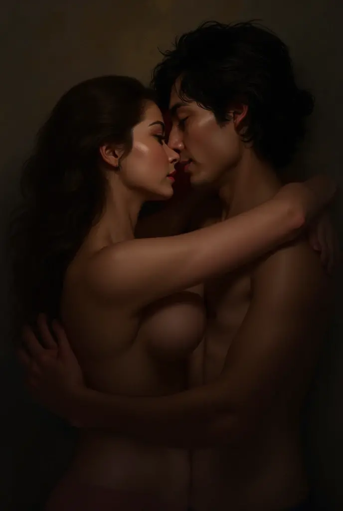 The man in his 45s with black very short hair and smooth face with moustache. The woman in her 45s with brown wavy long hair and pregnant. They are  and face to face. The woman is sitting on the man's legs with her legs spread to the sides. They are lip to lip. Night. Side view. Dim and dark environment. UHD. HDR. Cinematic.