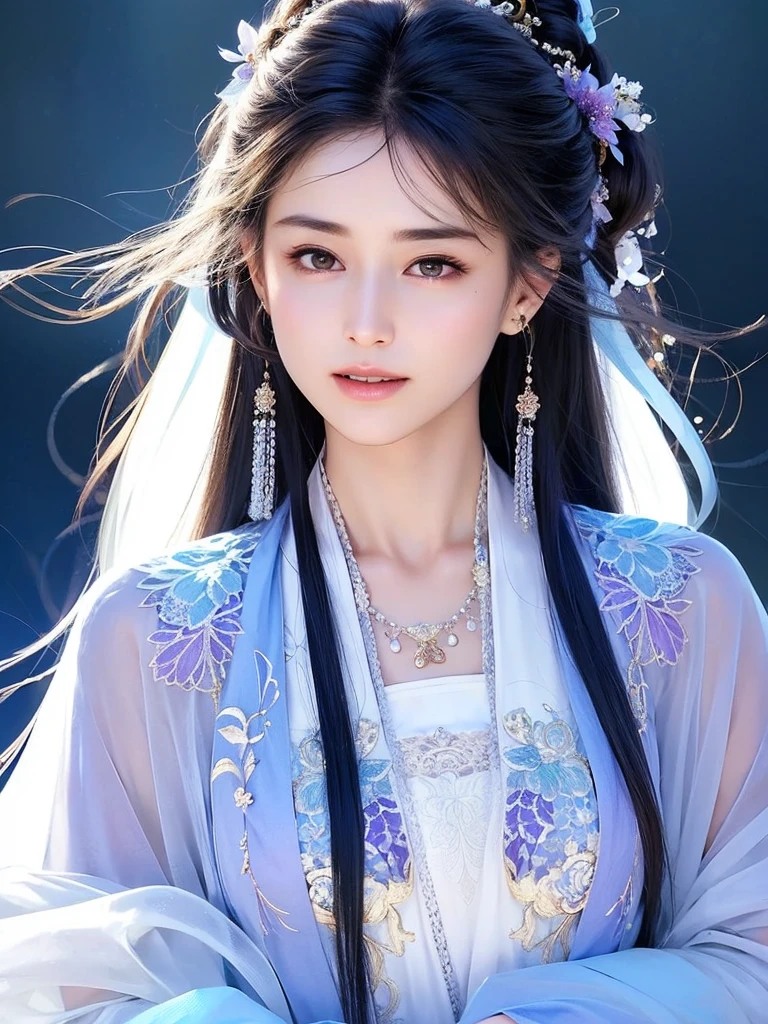 Qiman.com, A photo of a beautiful girl,( Wearing a purple dress),  looking at the audience,  (Upper body ||whole body:1.2), black hair,  cloth,holography,white flowers in the background  , (perfect eyes, beautiful face and black eyes:1.3, natural skin), (detail:1.1), lifelike, Surreal,32k,original photo, 8k ultra high definition, SLR camera, high quality, film grain, 