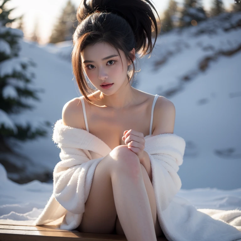 21 year old girl、Long twin tail hair、Bear Ear Headband。(Random )，，((Random exposure of ))。　Beautiful 。Fine hair。In the vast snowy mountains、Detailed and complex background。Black Hair。round face. Butt sticking out pose、Small Ass。