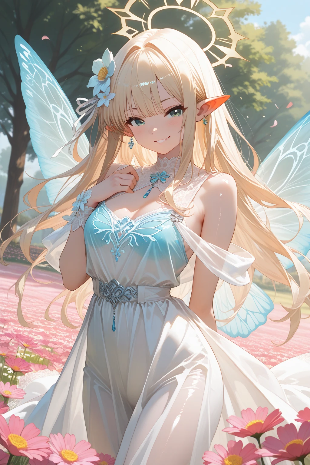 最high quality、1woman elf 、Silver Hair、Blonde、、、Beautiful foam、、CourtyardShining fairy wings、NP: Worst quality ,Flower fractal art　　、see-throughbodystocking,Beautiful side shot, radiance,High-definition depiction, Realistic, 8k, Unity, beautiful Shot, light smile, Beautifully and vividly drawn, , Beautiful, beautiful, clear skin、sexy,beautiful dress,Countless rays of light pouring down, Swirling Light, big background, Raise one arm above your head, Intense light is emitted from the magic circle in front of the girl.   forest、Lots of leaves、Green leaves、flower、Particles of light、
Romanticism,Cowboy Shot: The most beautiful form of chaos, Mr..々color, Intertwined flowers, Particle,magical gentle light,smile,sexy,image quality、masterpiece、Beautiful Face、Super beautiful elf woman((Big breasted 22 year old office lady、、Bust 100,Beautiful long ironed hair 、Blonde hair,height: 165cm。、sexy、Esbian、、high quality、、background((Star Narski)))、Starry Sky、Visual art、Written boundary depth、、Elf Ears、、universe、Happy smile、Gentle light、Elf forest、elegant、ticker beautiful decorative、、magic、forest、Beautiful tiara、Beautiful bed、Beautiful Landscape、A kind smile、wonderful、Fluttering petals、Dance happily、、Cultivate fantasy、、Mystery light　Lots of flowers、、art、forest, palace, art,mystery,Ultra-high resolution,atmosphere