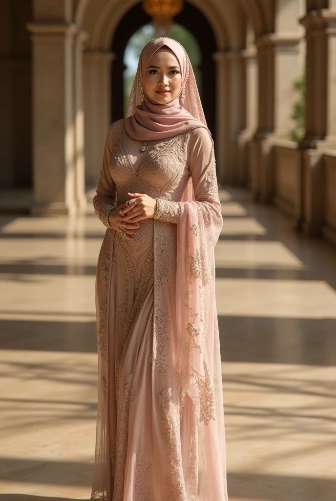 Capture a portrait of the Malay woman in an elegant evening gown and hijab, posing gracefully against a backdrop of soft, diffused lighting, exuding timeless beauty and sophistication
