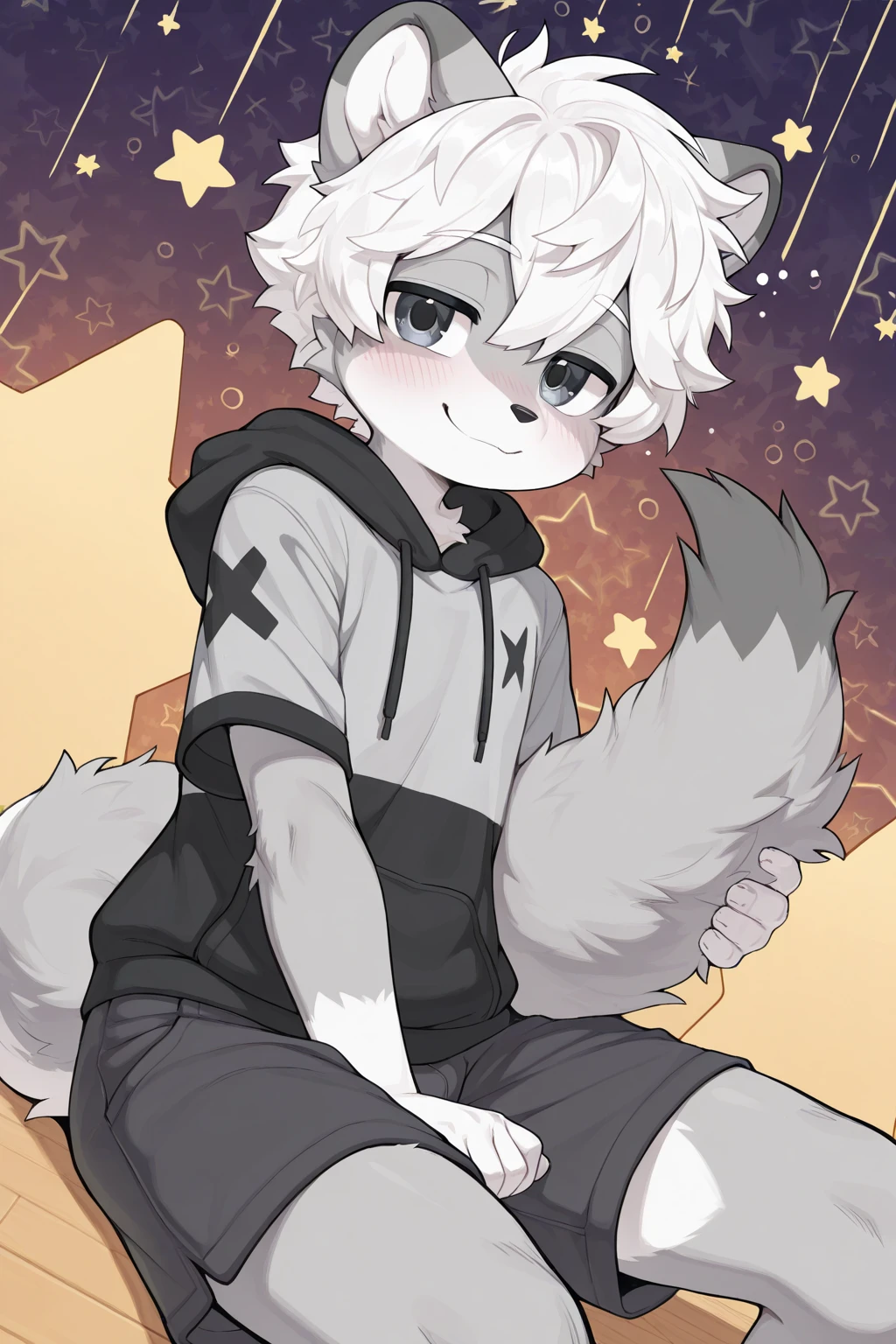 a cute adult male with wolf ears, white hair, has a wolf tail, wearing a loose cropped oversized black hoodie, wearing a pair of denim short shorts and thigh high fishnet stockings, thick thighs, wide , relaxing on mound of fluffy multi colored kawaii plushies, short, very slim, showing slender tummy, stretching out, heart on hoodie, squishy thighs, has glowing blue eyes. alone, solo (ALONE)(SOLO), surrounded by rainbows, colorful galaxy backround, mouth wide open grin, very happy, excited, nice