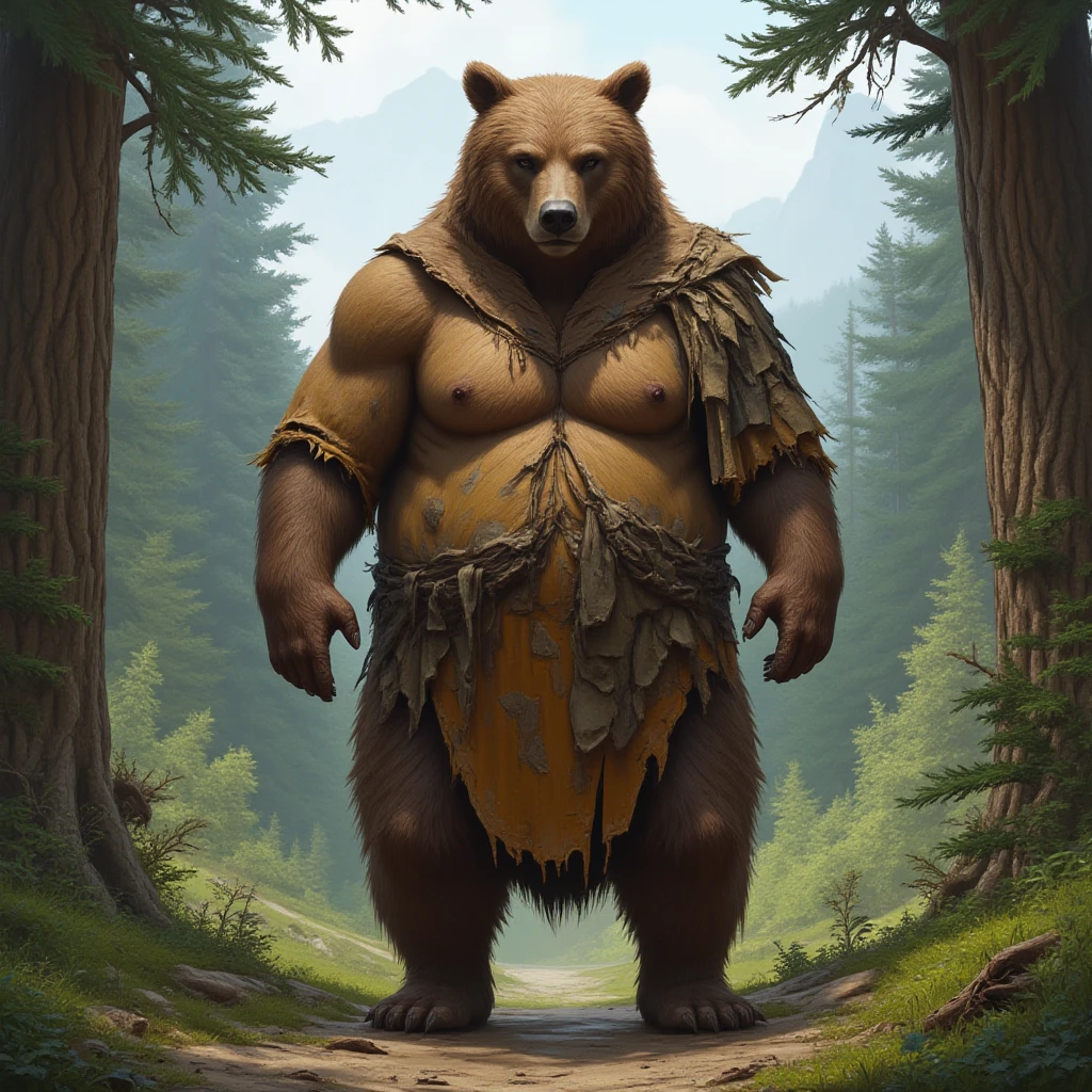Solitary，黑Bear，personification，Humanoid，Beast field（Bear），strong，uncle，，Loincloth，Friendly，warrior，Standing guard，Standing in front of the audience，Looking at the audience，Holding a spear，Primitive tribal background（1.2），Thick coating style。