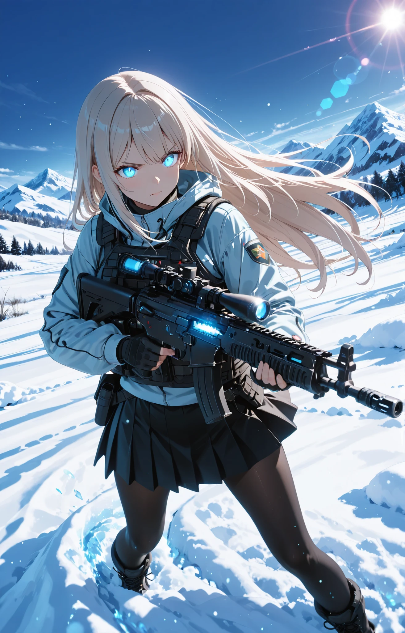 SF Fantasy Anime Girl ,military girl ,platinum blonde、blue eyes 、detailed eyes 、Glowing Eyes、pretty face, Fantasy Art,Red Tactical Vest, anime style4K,  black skirt、black tights、Assault Rifles、
 serious expression、long hair,  dramatic lighting、bright color、 Strong Brushwork  、High contrast 、Snow Mountainで銃を構える少女 、
Lens Flare、
top quality, HD model, Ultra High Accuracy, 3d rendering, ultra sharp、
,,BREAK, 16K resolution,masterpiece,Extremely Detailed,Ultra HD,Super High Definition,anime style , detailed eyes  ,detailed face, ,HDR ,clear line ,will make the colors as vivid as possible, detailed background、Snow Mountain