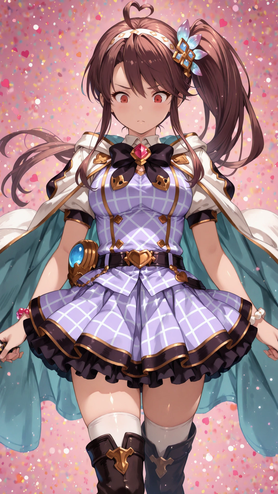 (ultra-detailed),Dhiantha \(granblue fantasy\),Dhiantha,granblue fantasy,gbf,heart,brown hair,bangs between eyes,long sidelocks,floating hair,hair ornament,,hairband,ahoge,brown eyes,Eyebrows visible through hair,eyelashes,eyebrows,narrow eyes,Sharp gaze,red eyes,very small eyes,tsurime, Pupil,Eyebrows visible through hair,eyelashes,very narrow eyes,Sharp gaze,looking down,jewels,jewelry,long hair,ahoge,side ponytail,bangs,bow,hair ornament,heart ahoge,puffy short sleeves,short sleeves,bead bracelet,bracelet,jewelry,short sleeves,checkered dress,white cape,jacket,black bow tie,black trim,purple dress,frills,black belt,skirt,thighhighs,zettai ryouiki,belt backle,miniskirt,skirt,miniskirt,pleated skirt,layered skirt,frilled skirt,petticort,pannier,knee high boots,white legwear,microphone,medium breasts,(masterpiece),(best quality),high score,highres,incredibly absurdres,anime screencap,pastel colors,anime,shiny skin,Balanced upper and lower body structure,,((sfw)),
(1girl,solo,There is no one else,no background,head shot,face focus),