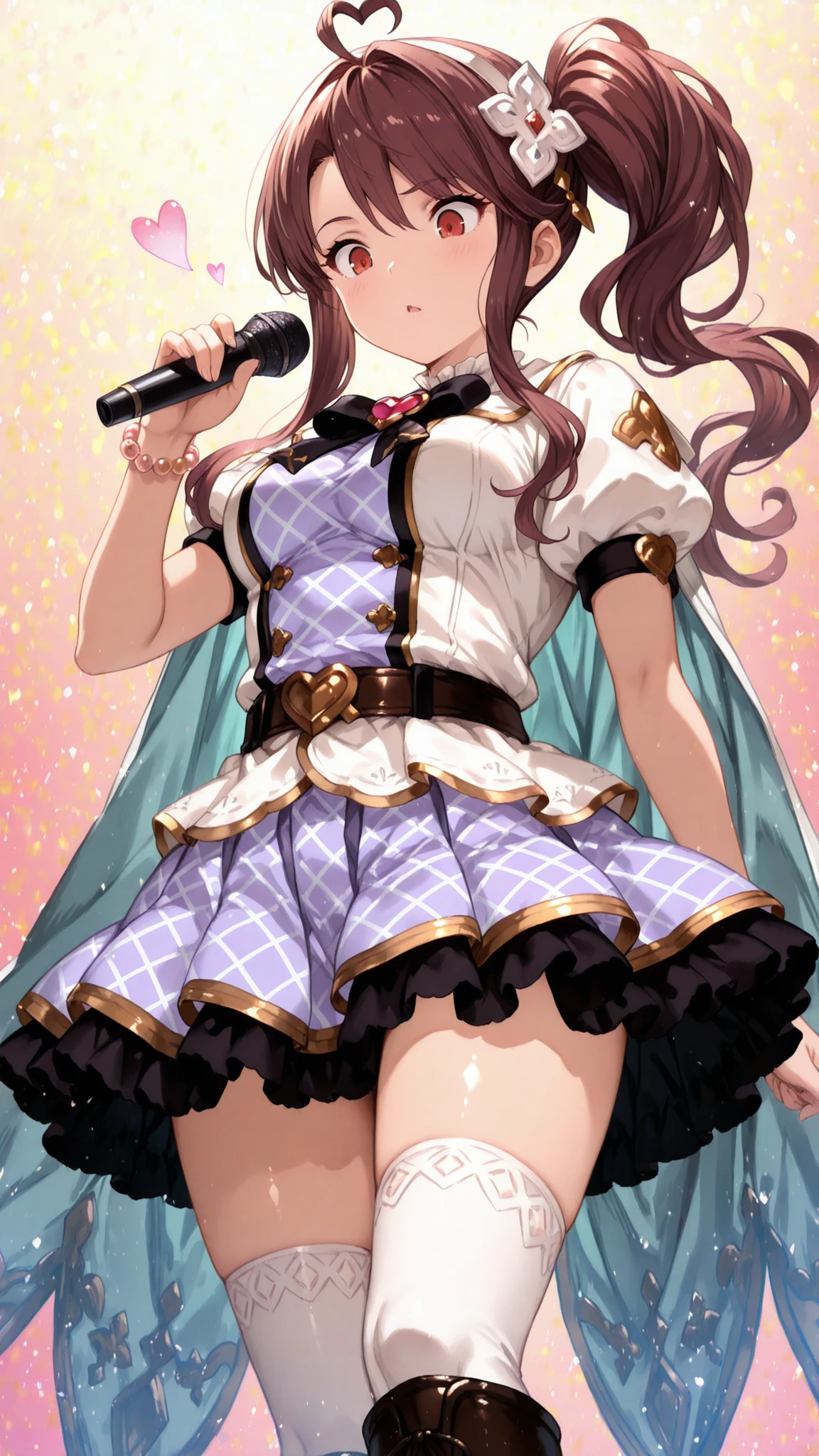 (ultra-detailed),Dhiantha \(granblue fantasy\),Dhiantha,granblue fantasy,gbf,heart,brown hair,bangs between eyes,long sidelocks,floating hair,hair ornament,,hairband,ahoge,brown eyes,Eyebrows visible through hair,eyelashes,eyebrows,narrow eyes,Sharp gaze,red eyes,very small eyes,tsurime, Pupil,Eyebrows visible through hair,eyelashes,very narrow eyes,Sharp gaze,looking down,jewels,jewelry,long hair,ahoge,side ponytail,bangs,bow,hair ornament,heart ahoge,puffy short sleeves,short sleeves,bead bracelet,bracelet,jewelry,short sleeves,checkered dress,white cape,jacket,black bow tie,black trim,purple dress,frills,black belt,skirt,thighhighs,zettai ryouiki,belt backle,miniskirt,skirt,miniskirt,pleated skirt,layered skirt,frilled skirt,petticort,pannier,knee high boots,white legwear,microphone,medium breasts,(masterpiece),(best quality),high score,highres,incredibly absurdres,anime screencap,pastel colors,anime,shiny skin,Balanced upper and lower body structure,,((sfw)),
(1girl,solo,There is no one else,no background,head shot,face focus),
