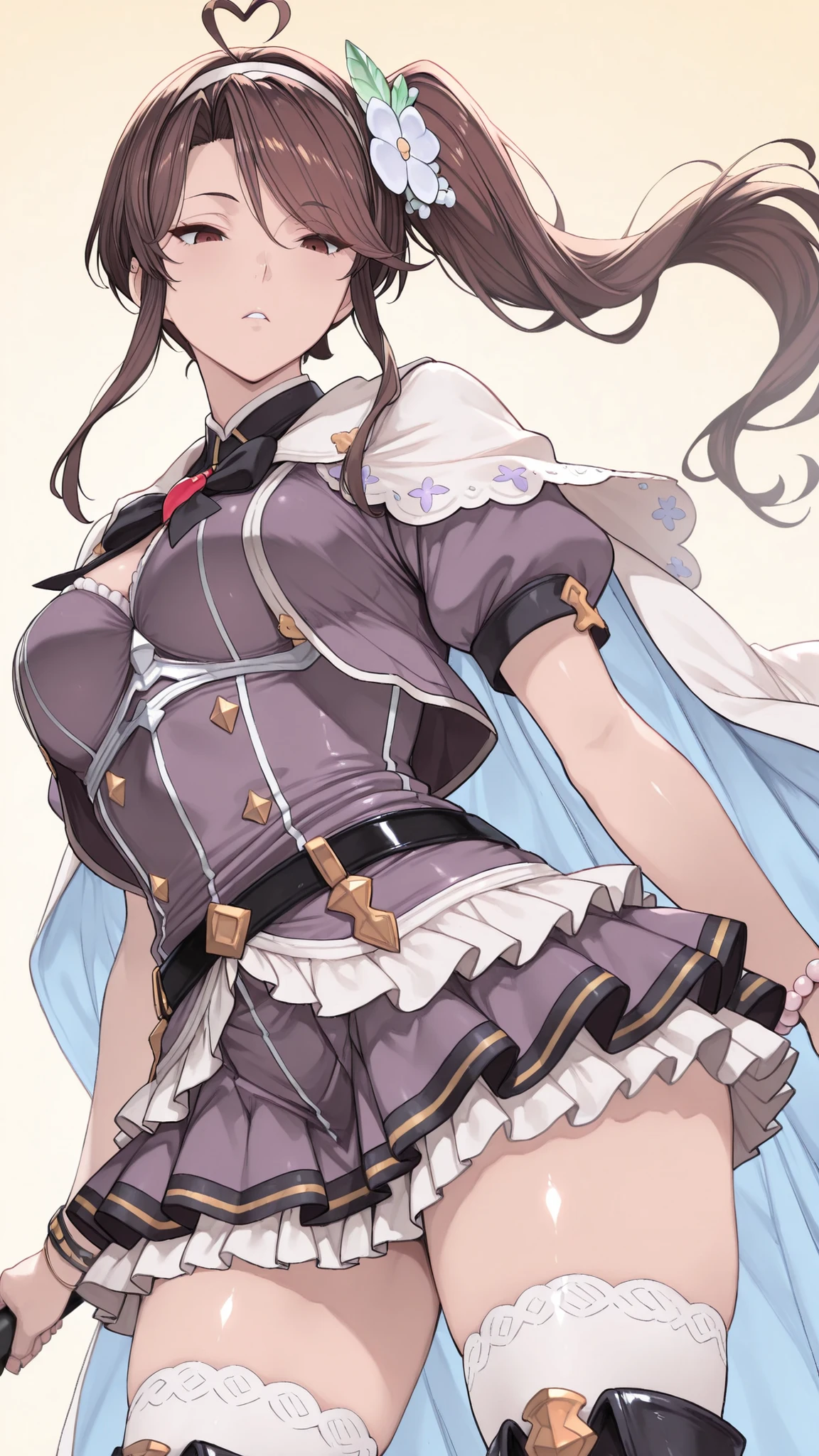 (ultra-detailed),Dhiantha \(granblue fantasy\),Dhiantha,granblue fantasy,gbf,heart,brown hair,bangs between eyes,long sidelocks,floating hair,hair ornament,,hairband,ahoge,brown eyes,Eyebrows visible through hair,eyelashes,eyebrows,narrow eyes,Sharp gaze,red eyes,very small eyes,tsurime, Pupil,Eyebrows visible through hair,eyelashes,very narrow eyes,Sharp gaze,looking down,jewels,jewelry,long hair,ahoge,side ponytail,bangs,bow,hair ornament,heart ahoge,puffy short sleeves,short sleeves,bead bracelet,bracelet,jewelry,short sleeves,checkered dress,white cape,jacket,black bow tie,black trim,purple dress,frills,black belt,skirt,thighhighs,zettai ryouiki,belt backle,miniskirt,skirt,miniskirt,pleated skirt,layered skirt,frilled skirt,petticort,pannier,knee high boots,white legwear,microphone,medium breasts,(masterpiece),(best quality),high score,highres,incredibly absurdres,anime screencap,pastel colors,anime,shiny skin,Balanced upper and lower body structure,,((sfw)),
(1girl,solo,There is no one else,no background,head shot,face focus),
