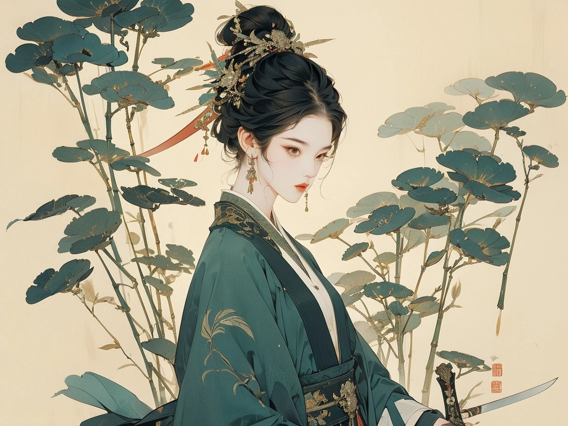 (masterpiece:1.2),best quality,PIXIV,Chinese style,hair ornament,solo,jewelry,black hair,long hair,boy in a bamboo forest, long black hair, ponytail, green headdress, carrying a lantern, bamboo leaves falling, hazy smoke, green Hanfu,23 year old boy,1boy,pretty 23 year old boy,professional boy photo, photo of boy 23 years old, perfect body boy,mature beautiful face,fair skin,super scale, 24k,hdr,perfect body boy,blush, big Ogi folding fan,parted lips,black eyes,tassel,lips,chinese clothes,pretty boy