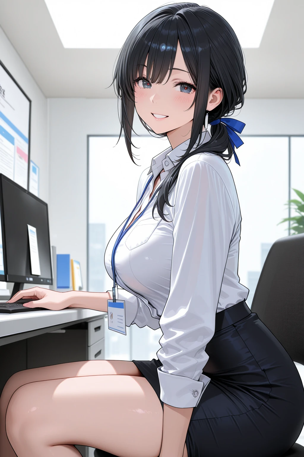 (Highest qualityのイラスト:1.2), (Black Hairの美少女:1.1), (1 girl、17 years old、Highest qualityのイラスト:1.2), (1 girl、Kind eyes、blue eyes:1.2)、((Black Hair:1.2))、Semi-long hair、(Highest quality、Very detailed、cute、Ultra-high resolution) 、Larger breasts、office lady, {white business shirt, Black pencil skirt、cardigan、 pantyhose}, Front facing、smile、