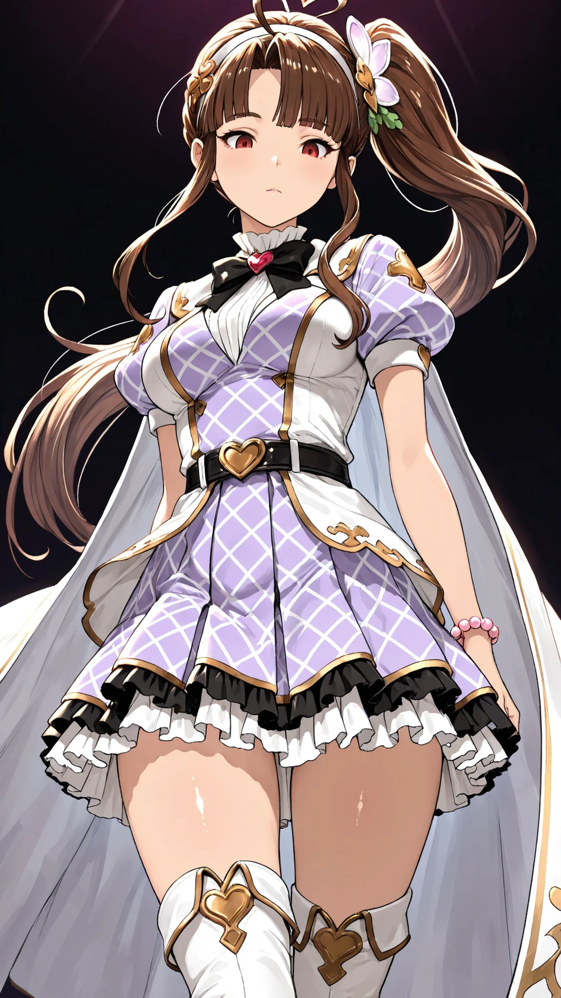 (ultra-detailed),Dhiantha \(granblue fantasy\),Dhiantha,granblue fantasy,gbf,heart,brown hair,bangs between eyes,long sidelocks,floating hair,hair ornament,,hairband,ahoge,brown eyes,Eyebrows visible through hair,eyelashes,eyebrows,narrow eyes,Sharp gaze,red eyes,very small eyes,tsurime, Pupil,Eyebrows visible through hair,eyelashes,very narrow eyes,Sharp gaze,looking down,jewels,jewelry,long hair,ahoge,side ponytail,bangs,bow,hair ornament,heart ahoge,puffy short sleeves,short sleeves,bead bracelet,bracelet,jewelry,short sleeves,checkered dress,white cape,jacket,black bow tie,black trim,purple dress,frills,black belt,skirt,thighhighs,zettai ryouiki,belt backle,miniskirt,skirt,miniskirt,pleated skirt,layered skirt,frilled skirt,petticort,pannier,knee high boots,white legwear,microphone,medium breasts,(masterpiece),(best quality),high score,highres,incredibly absurdres,anime screencap,pastel colors,anime,shiny skin,Balanced upper and lower body structure,,((sfw)),
(1girl,solo,There is no one else,no background,head shot,face focus),
