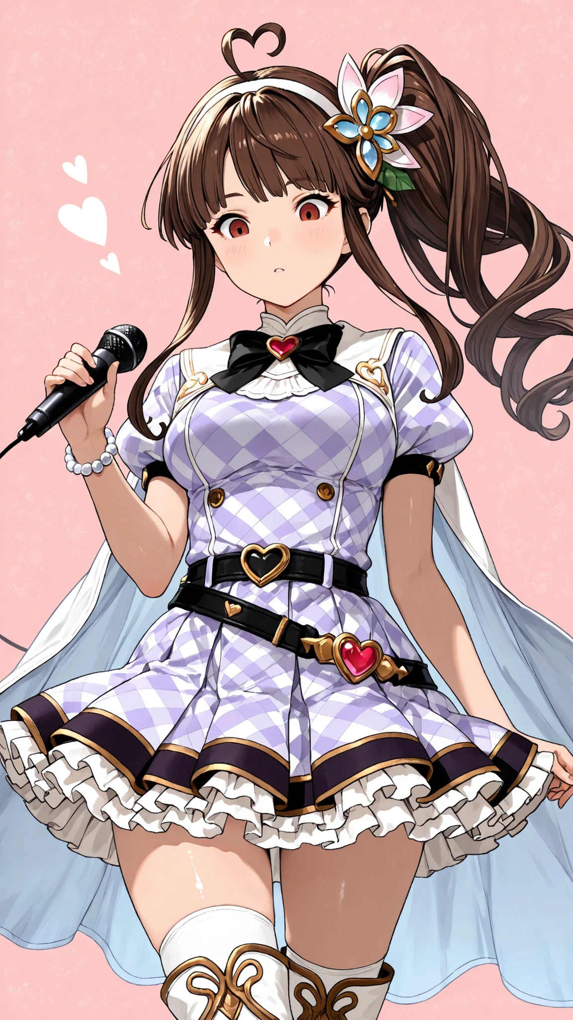 (ultra-detailed),Dhiantha \(granblue fantasy\),Dhiantha,granblue fantasy,gbf,heart,brown hair,bangs between eyes,long sidelocks,floating hair,hair ornament,,hairband,ahoge,brown eyes,Eyebrows visible through hair,eyelashes,eyebrows,narrow eyes,Sharp gaze,red eyes,very small eyes,tsurime, Pupil,Eyebrows visible through hair,eyelashes,very narrow eyes,Sharp gaze,looking down,jewels,jewelry,long hair,ahoge,side ponytail,bangs,bow,hair ornament,heart ahoge,puffy short sleeves,short sleeves,bead bracelet,bracelet,jewelry,short sleeves,checkered dress,white cape,jacket,black bow tie,black trim,purple dress,frills,black belt,skirt,thighhighs,zettai ryouiki,belt backle,miniskirt,skirt,miniskirt,pleated skirt,layered skirt,frilled skirt,petticort,pannier,knee high boots,white legwear,microphone,medium breasts,(masterpiece),(best quality),high score,highres,incredibly absurdres,anime screencap,pastel colors,anime,shiny skin,Balanced upper and lower body structure,,((sfw)),
(1girl,solo,There is no one else,no background,head shot,face focus),
