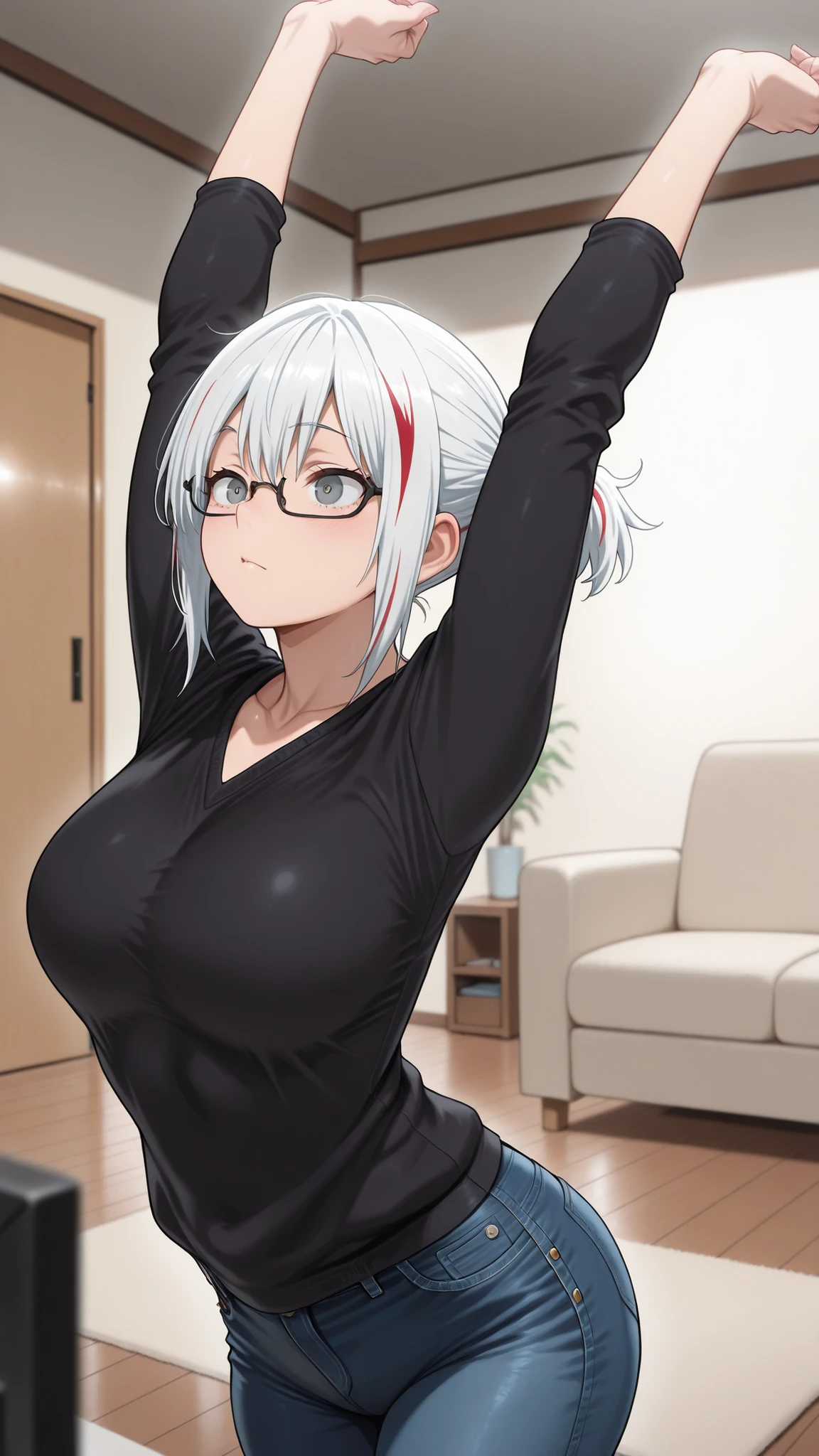 masterpiece, best quality, amazing quality, girl, depth of field, blurry foreground, stretching, white hair, streaked hair, red streaks, multicolored hair, black glasses, grey eyes, short ponytail, black sweater, jeans, shoji door, interior, living room, relaxing,