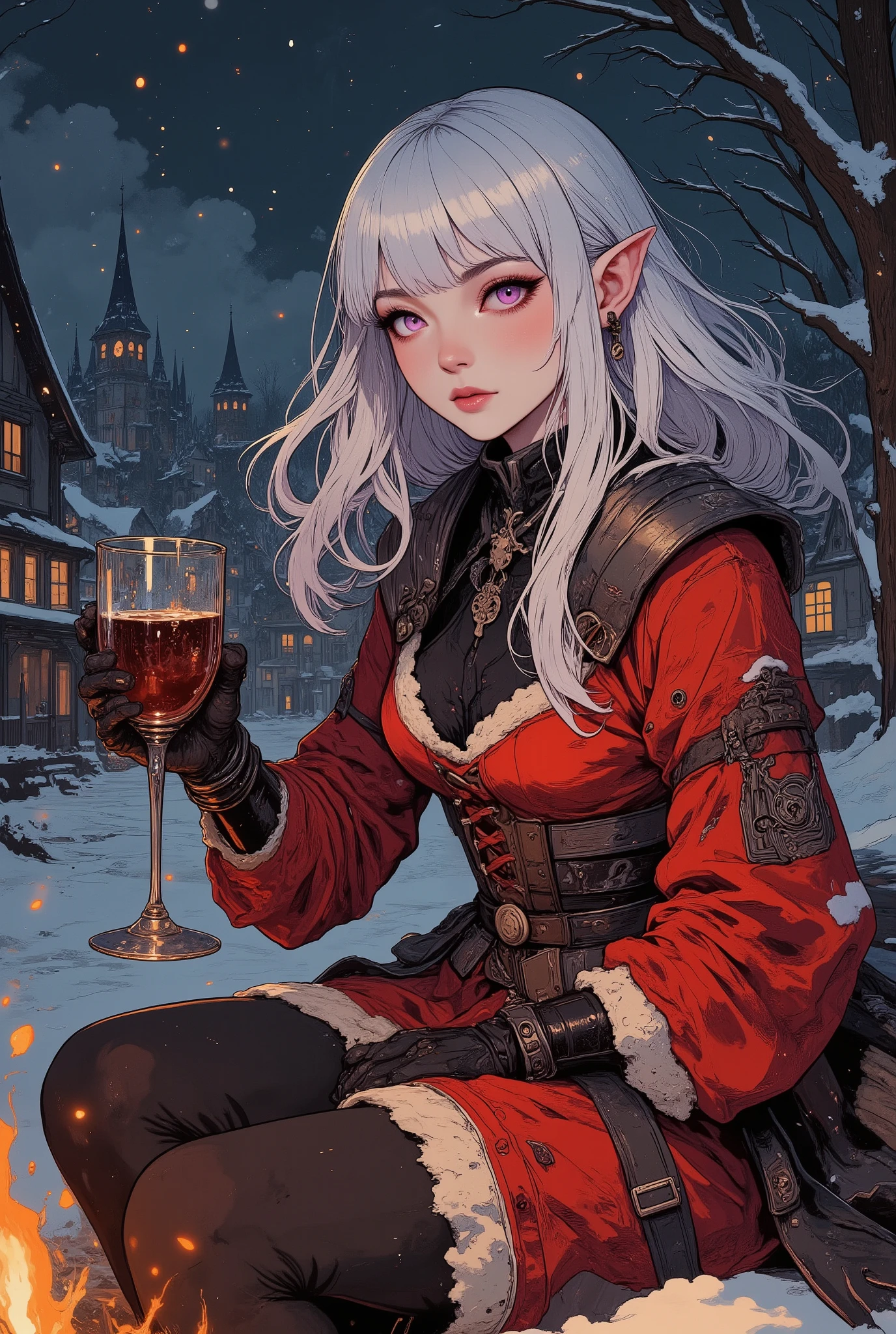 (A digital art style blending ukiyo-e with dark fantasy, creating an aesthetic and gothic atmosphere. Faces and bodies are depicted in meticulous detail.) BREAK
(A beautiful castle town in the Romanesque style, facing a bitterly cold winter where even medieval lakes freeze. A quiet Christmas night. The sky is cold and clear, studded with stars, while snow falls and blankets the surrounding area. A young dark elf cleric sits beside a small bonfire. With a slightly bashful expression, she turns her body towards you and, striking a bold pose, offers you a silver goblet filled with warm mulled wine.) BREAK
(The young dark elf cleric has hair as white as snow, a blunt fringe, long flowing hair, long white lower lashes, lavender-colored eyes, thick dark eyeliner, and pink lips.) BREAK
(The young dark elf cleric wears a lace-up dress made of red velvet fabric trimmed with white fur, designed in a medieval Spanish court style. She wears soft black leather boots with a fold at the knee. A silver amulet hangs from the belt at her waist.)