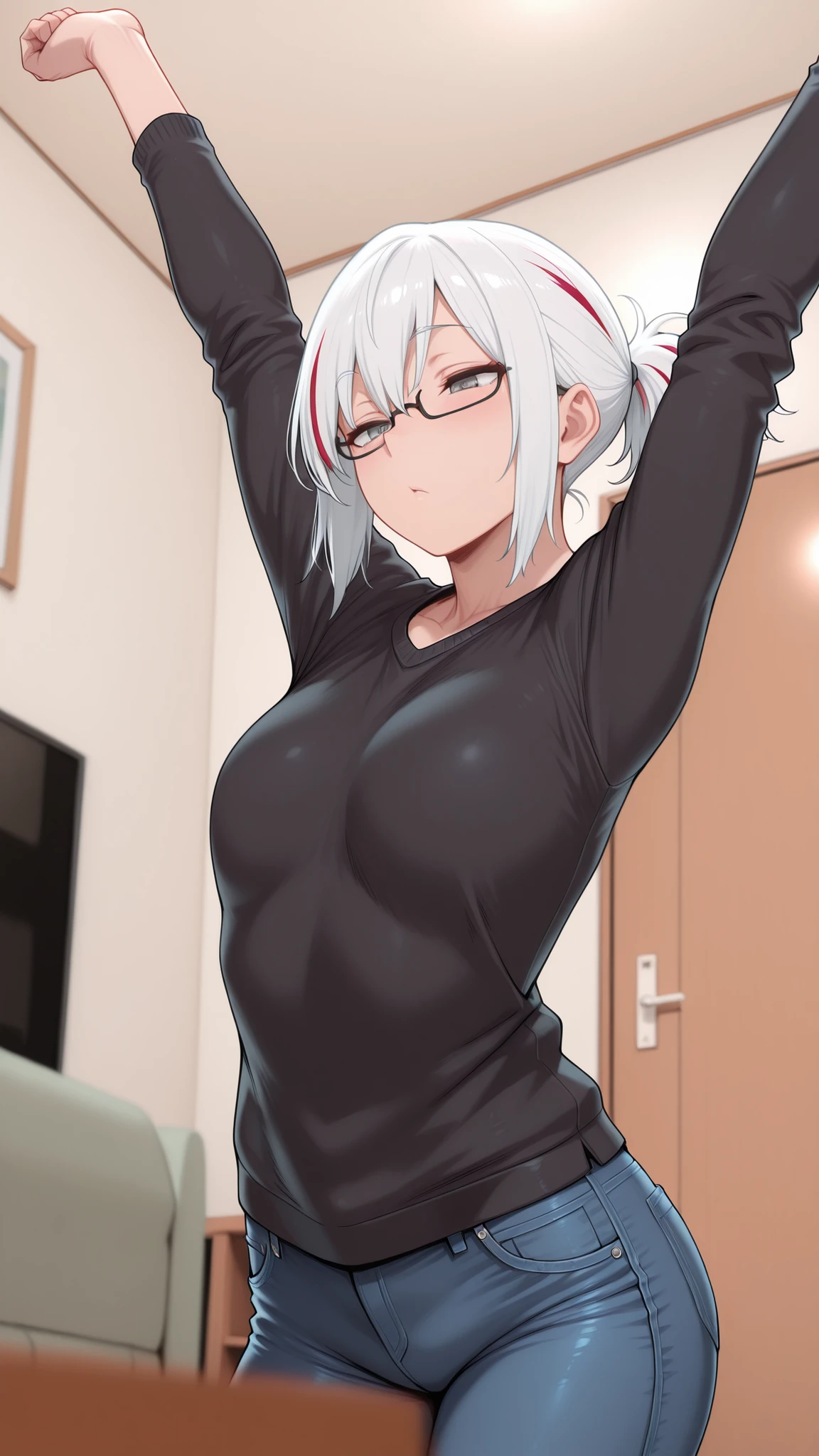masterpiece, best quality, amazing quality, girl, depth of field, blurry foreground, stretching, white hair, streaked hair, red streaks, multicolored hair, black glasses, grey eyes, short ponytail, black sweater, jeans, shoji door, interior, living room, relaxing,small breasts