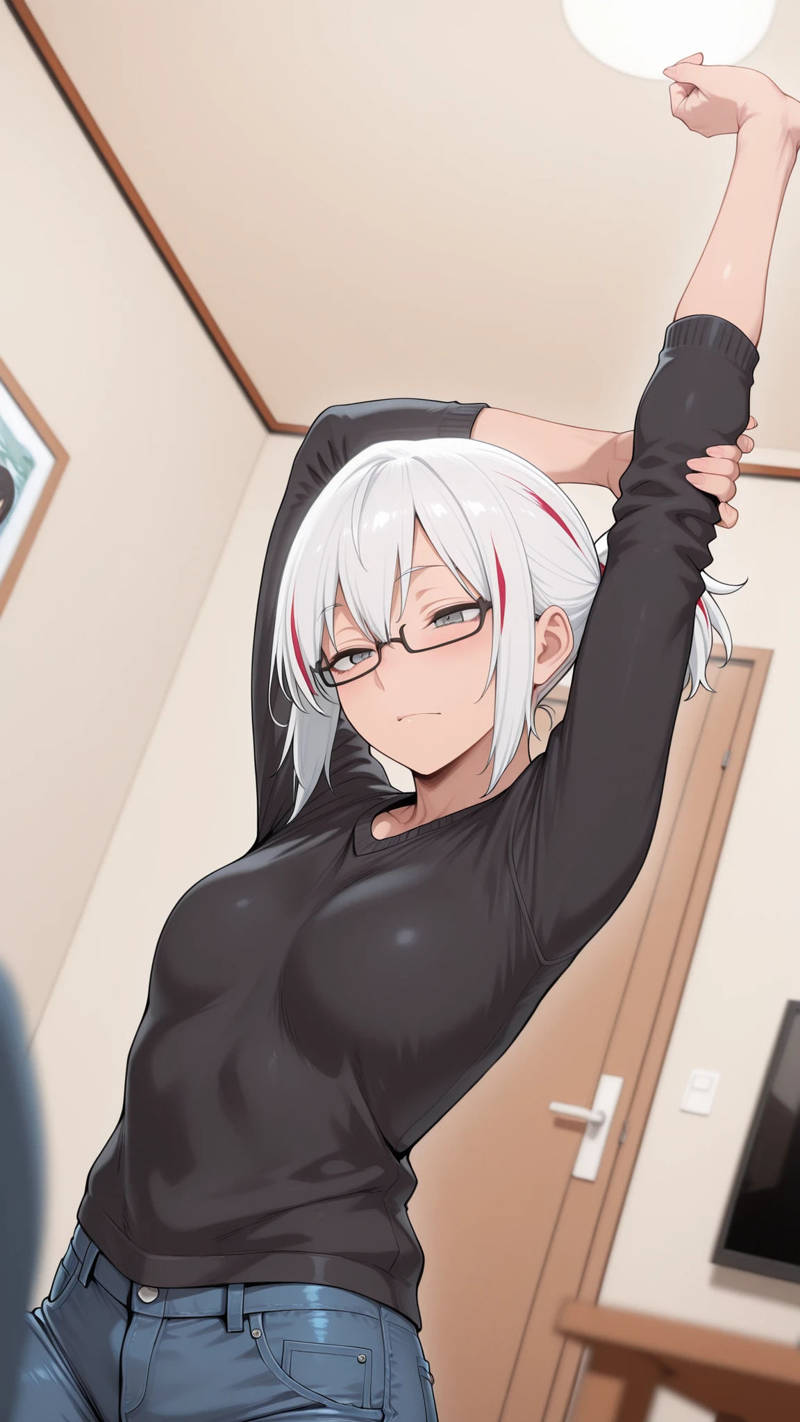 masterpiece, best quality, amazing quality, girl, depth of field, blurry foreground, stretching, white hair, streaked hair, red streaks, multicolored hair, black glasses, grey eyes, short ponytail, black sweater, jeans, shoji door, interior, living room, relaxing,small breasts