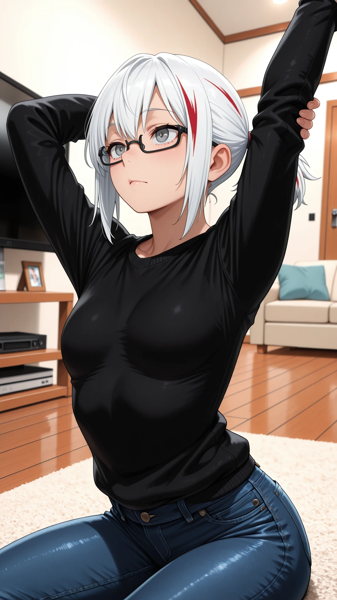 masterpiece, best quality, amazing quality, girl, depth of field, blurry foreground, stretching, white hair, streaked hair, red streaks, multicolored hair, black glasses, grey eyes, short ponytail, black sweater, jeans, shoji door, interior, living room, relaxing,small breasts