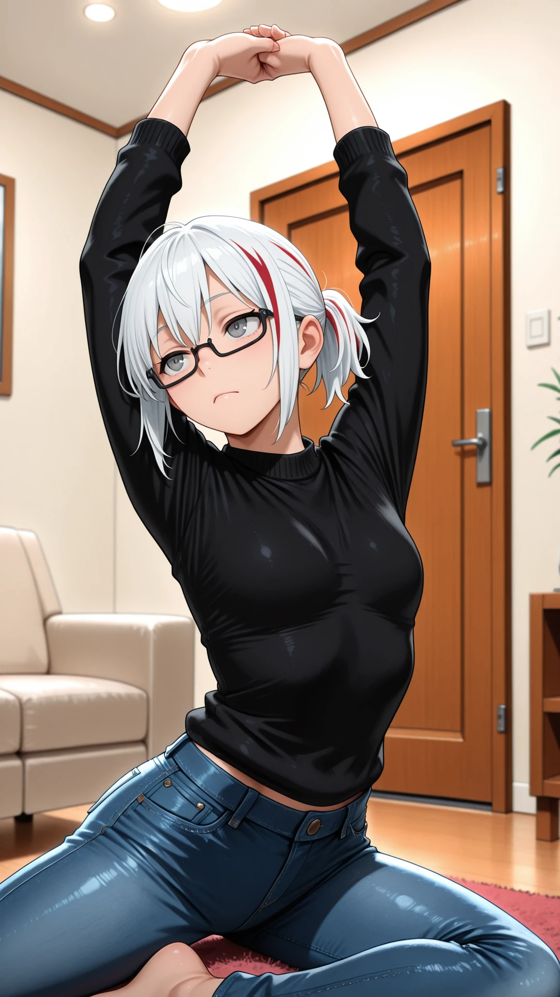 masterpiece, best quality, amazing quality, girl, depth of field, blurry foreground, stretching, white hair, streaked hair, red streaks, multicolored hair, black glasses, grey eyes, short ponytail, black sweater, jeans, shoji door, interior, living room, relaxing,small breasts