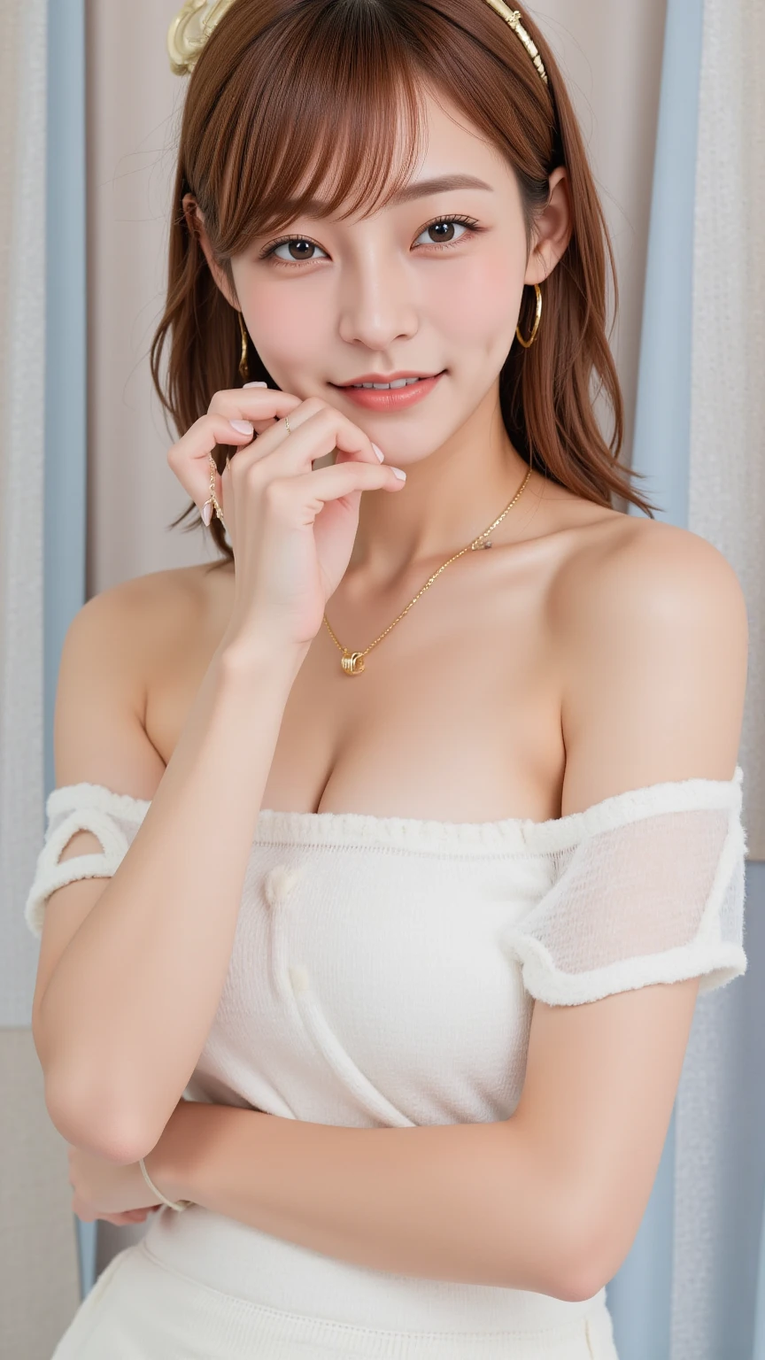 ((Snapshots of everyday life, Clear photos:1.4)), 
(Wearing the uniform of a maid café:1.8), 
(??????, The shape of the ??????? is visible,Rich ?????? cleavage,Beautiful thighs,Ultra-detailed skin,Tiny pores in the skin:1.4), 

((Sit deep in bed and lean forward, Her ??????? are touching my thighs, Her body is incredibly beautiful and stylish, :1.4)),
((I love you?, I want to touch my ????????, I want to ???? you?)),

((32 years old, Beautiful sister, Short, ???? body, Body facing forward, Focus on the thighs:1.5)),
((Small ???????, Flat ?????, ????? is slightly drooping:1.2)),
((Morning time:1.4)), 

Eye focus, Narrow shoulders, Beautiful clavicle, Thin arms, Thin legs, The back of the hand is beautiful and feminine, Slim figure, Soft belly, Tight waist, Highly detailed face, super detailed ???????, Ultra-detailed skin, Fair skin, Shiny skin, Ultra-detailed lips, Fuller lips, Glossy pink lips, Blushing, White teeth, Blue Eyes, 
Beautiful actress makeup, Make-up, Pink lipstick, Dark brown hair, Delicate and soft hair, (Put your hair up, Fluffy short bob, ponytail:1.2), (Sweep your bangs to the side:1.2), (Stylish earrings,necklace:1.2),
