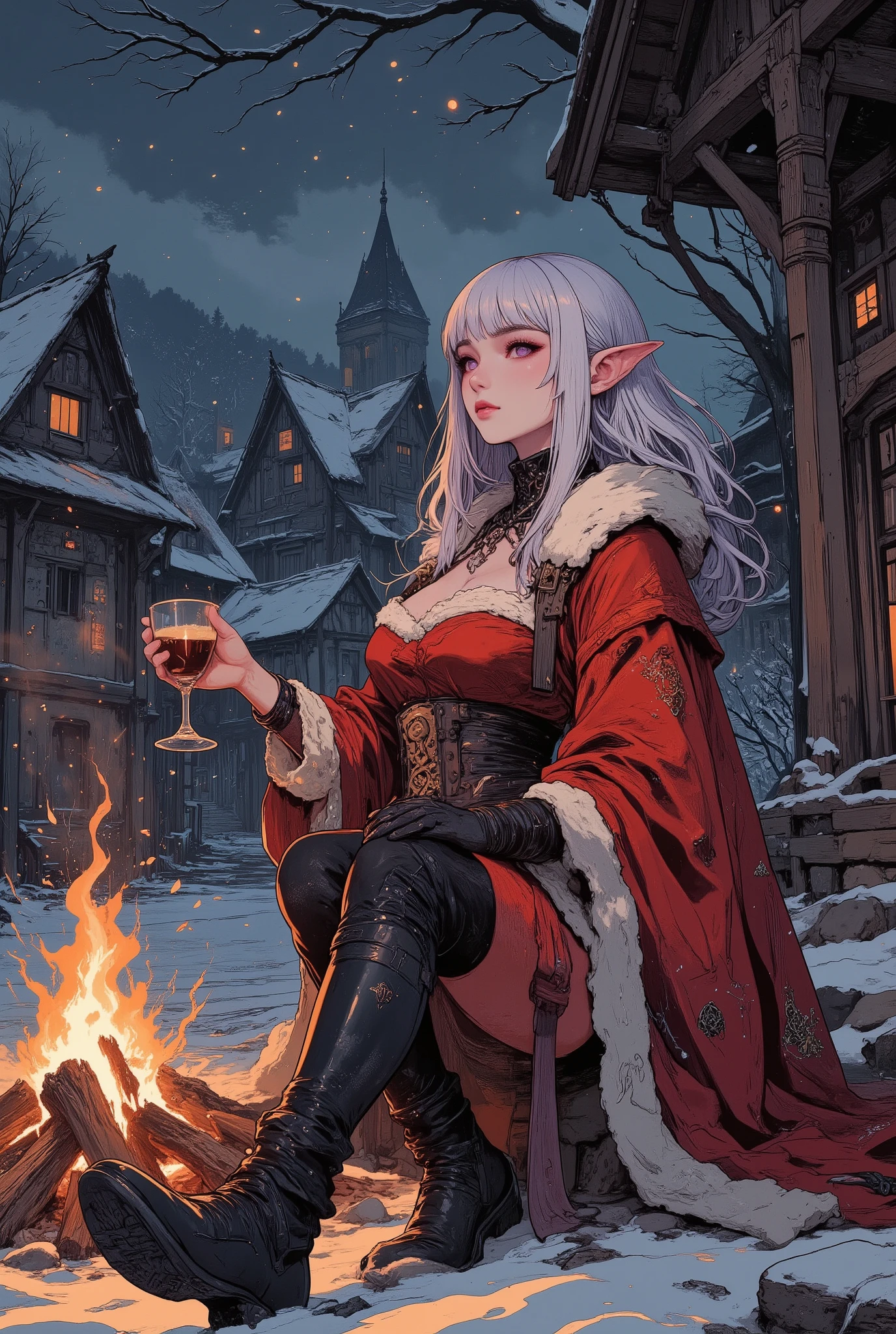 (A digital art style blending ukiyo-e with dark fantasy, creating an aesthetic and gothic atmosphere. Faces and bodies are depicted in meticulous detail.) BREAK
(A beautiful castle town in the Romanesque style, facing a bitterly cold winter where even medieval lakes freeze. A quiet Christmas night. The sky is cold and clear, studded with stars, while snow falls and blankets the surrounding area. A young dark elf cleric sits beside a small bonfire. With a slightly bashful expression, she turns her body towards you and, striking a bold pose, offers you a silver goblet filled with warm mulled wine.) BREAK
(The young dark elf cleric has hair as white as snow, a blunt fringe, long flowing hair, long white lower lashes, lavender-colored eyes, thick dark eyeliner, and pink lips.) BREAK
(The young dark elf cleric wears a lace-up dress made of red velvet fabric trimmed with white fur, designed in a medieval Spanish court style. She wears soft black leather boots with a fold at the knee. A silver amulet hangs from the belt at her waist.)
