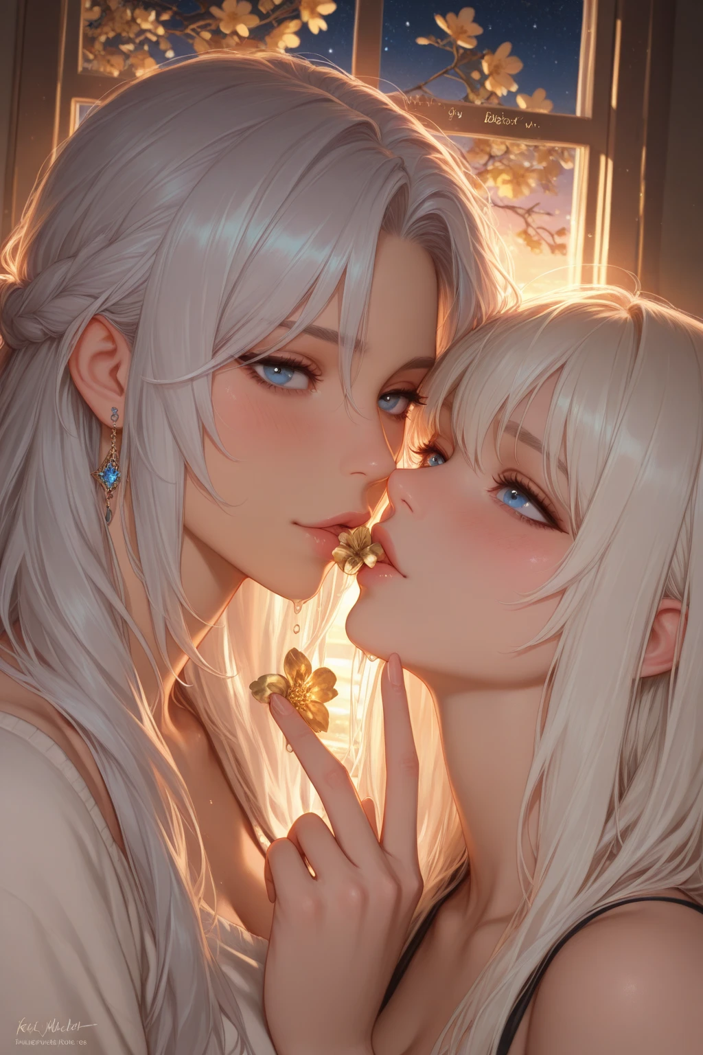 (((SFW、Precision、Highest quality、A first-class masterpiece、Normal body、8k、 Detailed Face 、Ultra-precision、 Normal hand、5refer to、Highest)))、2Beautiful girl of the person、Blonde、 Silver Hair、 Lesbian Couple Magical Girl、Shy, Neat, and Pretty Magical Girls 、 Healthy Girls with Shy, Blushing, and Their High-Legged Are Pretty Racy, Sheer, Ultra Thin, Super , , Super Thin, , and Tattered Magical Girl Clothes、See-through costume 、happy embarrassed smile 、Tattered Outfit 、Push down on the bed and kiss
