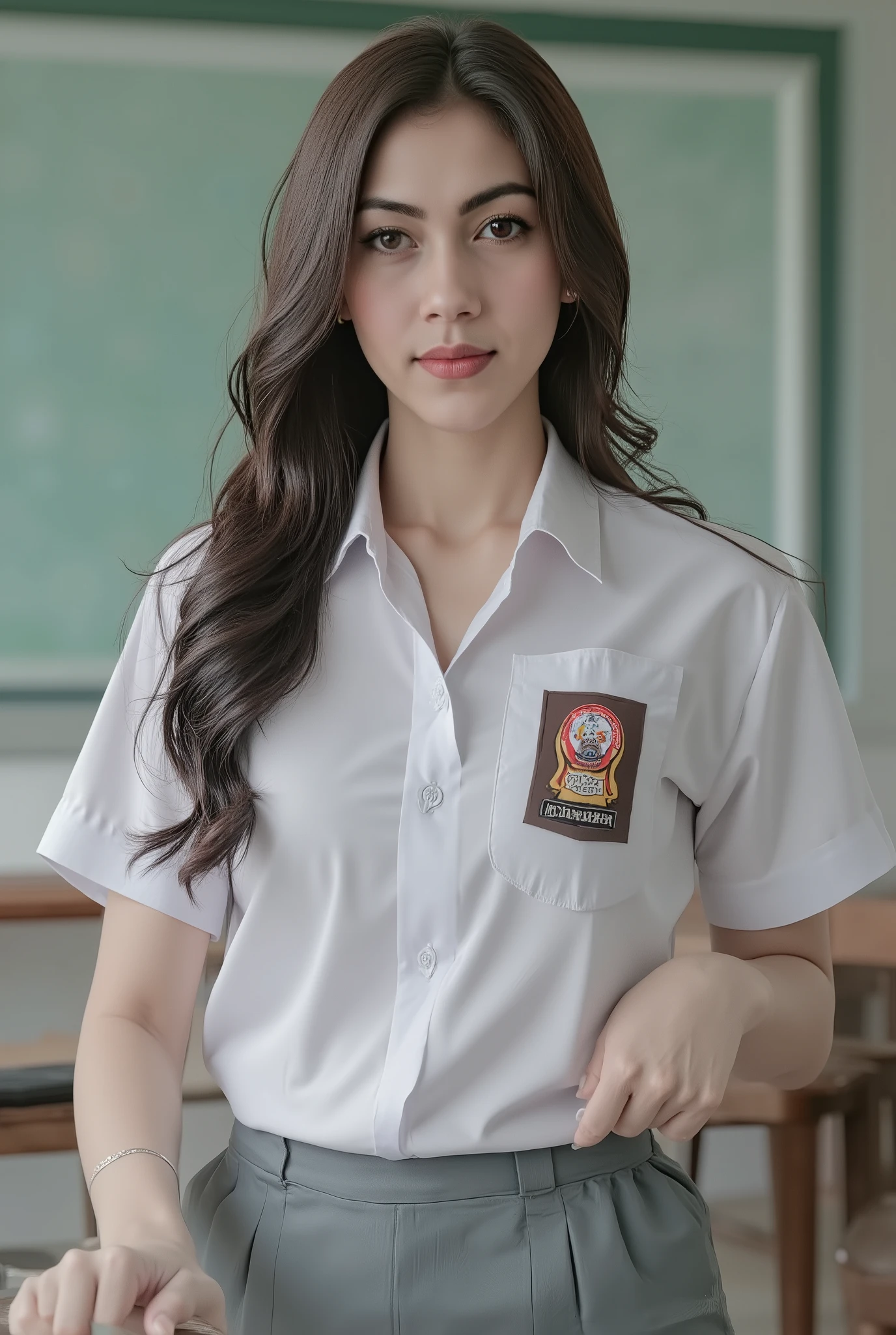 high detailed photography of a woman standing in the classroom, full body portrait, long hair, wearing white shirt, grey short skirt, school uniform, sma, looking at viewer, octane render, ray tracing, reflex, The title at the top reads "SMA Uniform" in stark, bold letters