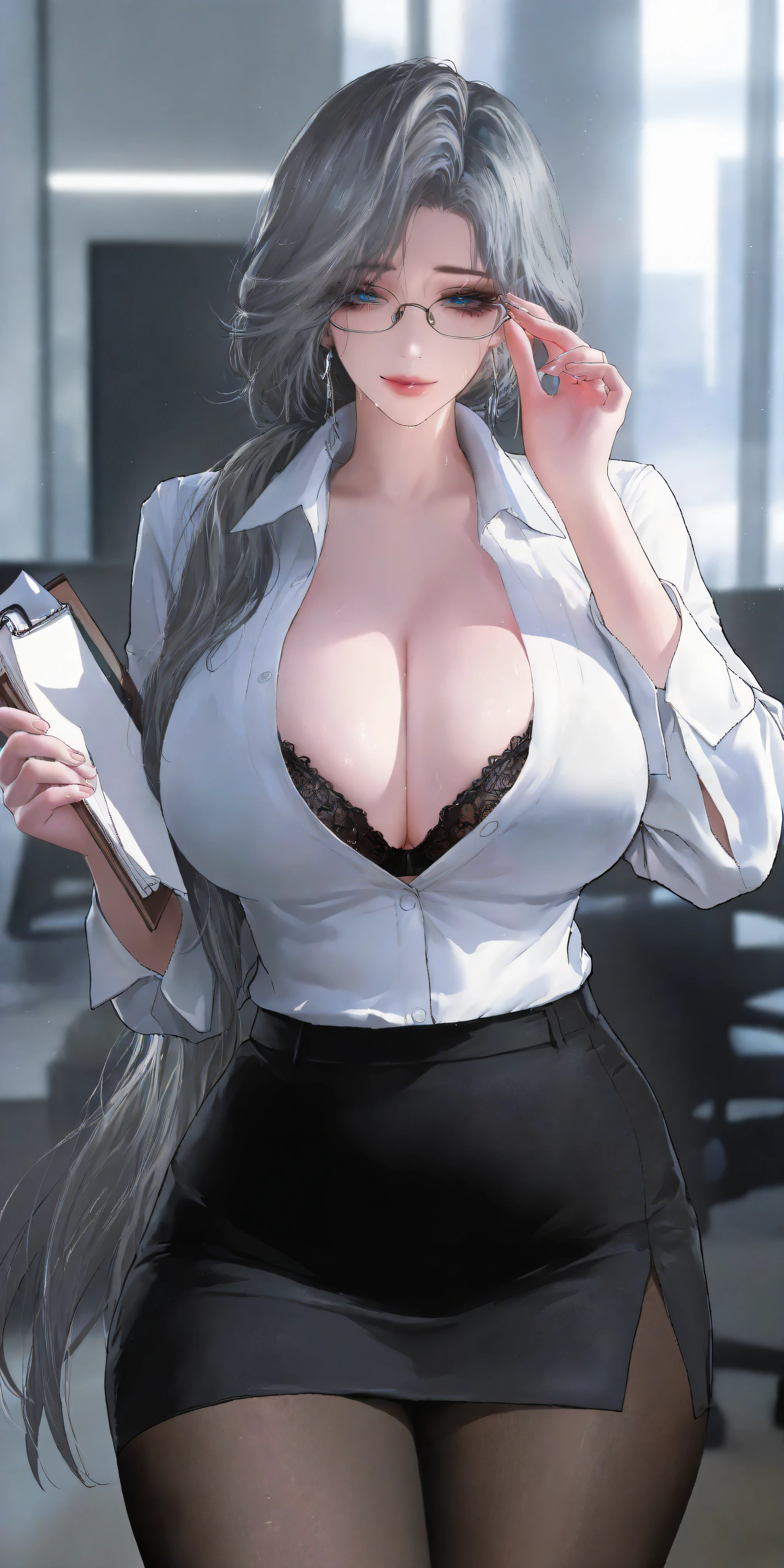 748cmstyle,art byl,XUER guangying,(mazjojo:0.67), (pigeon666:0.83), (zawar379:0.73), fujii eishun, masterpiece, 4k resolution, ultra detailed, best quality, perfect lighting, volumetric lighting, depth of field, cinematic aesthetics, detailed background, perfect hands, calm aura, quiet atmosphere, (3D render:1.2), 1woman, (mature woman, milf:1.3), (large breasts), indoors, office room, long hair, gray hair, curvy figure, milf body, collared shirt, black pantyhose, black mini skirt, deep cleavage, bra peek, black lacy bra, lips, black eyeliner, thick eyelashes, blue eyes, short pencil skirt with full slit, two-tone hair, looking at viewer, glasses, very long hair, white tight shirt, (holding notepad, notepad:1.2), adjusting eyewear, (strict expression),
