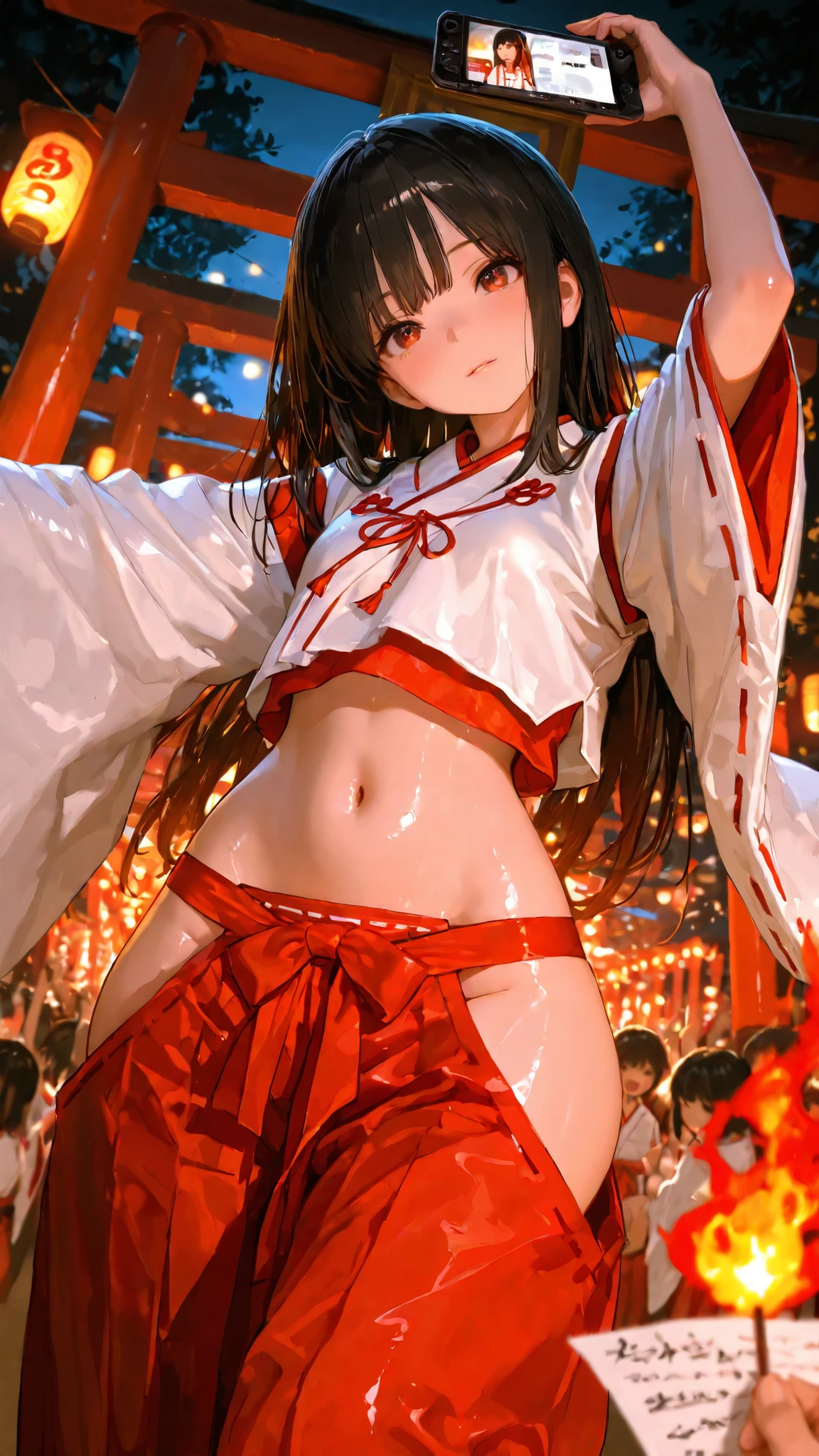 best quality, photography, finely detail, young shrine maiden, authentic miko attire, long black hair, white and red traditional outfit, extending arm forward to camera, direct eye contact, night time fire festival, dancing flames lighting her face from below, sacred torii gate visible behind, festival crowds in soft focus, handheld paper lantern in her other hand, immersive first-person view, Japanese cultural celebration,wide hips,lowleg hakama, face focus, head tilt, shiny skin, navel