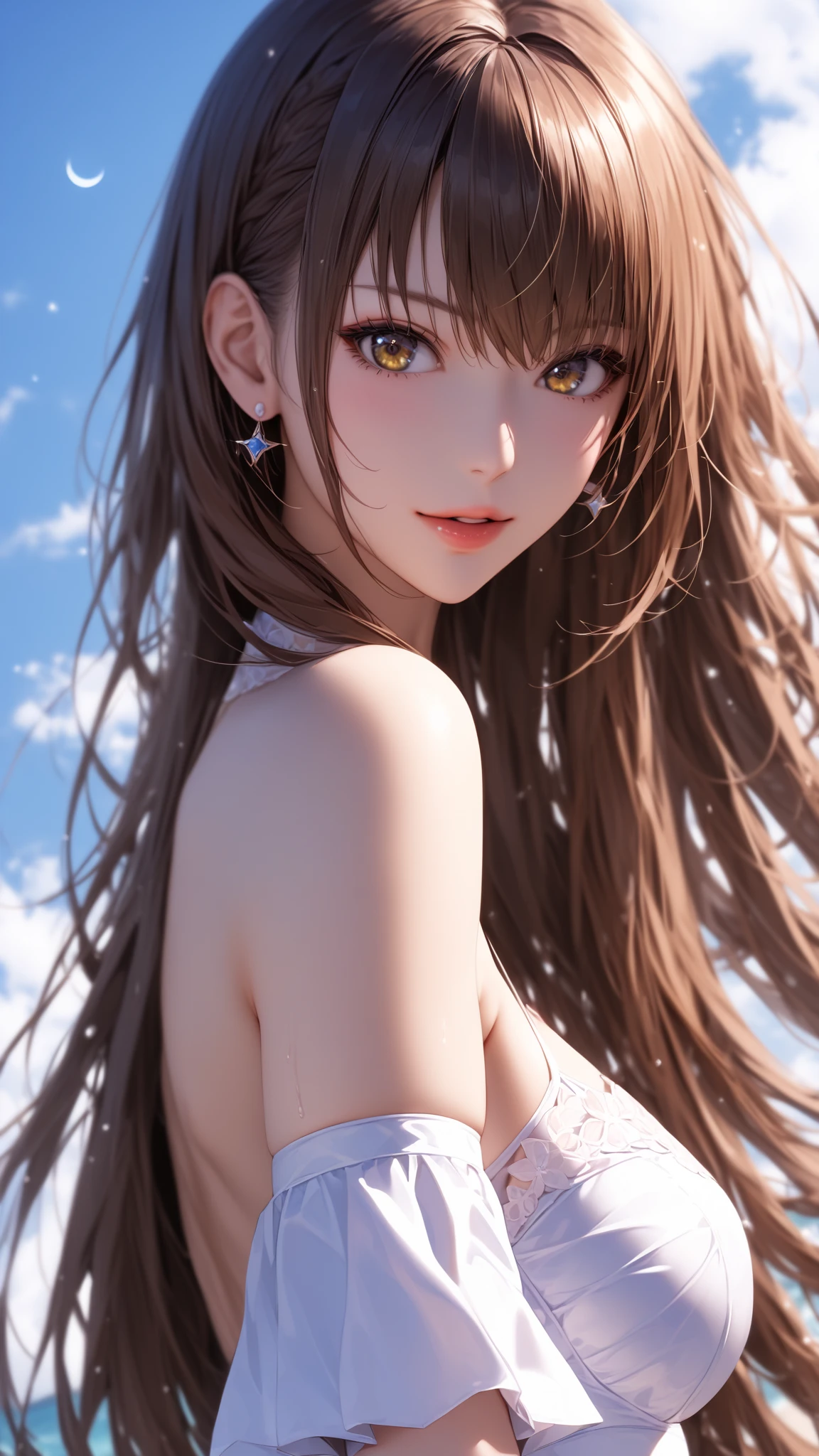masterpiece, rich colors, Best quality, detailed, high resolution, Hyper quality, high detail, , high quality, detailing, skinny sexy girl on the beach , bright lighting , green eyes, Anime, palm trees, bright lighting, redhead,