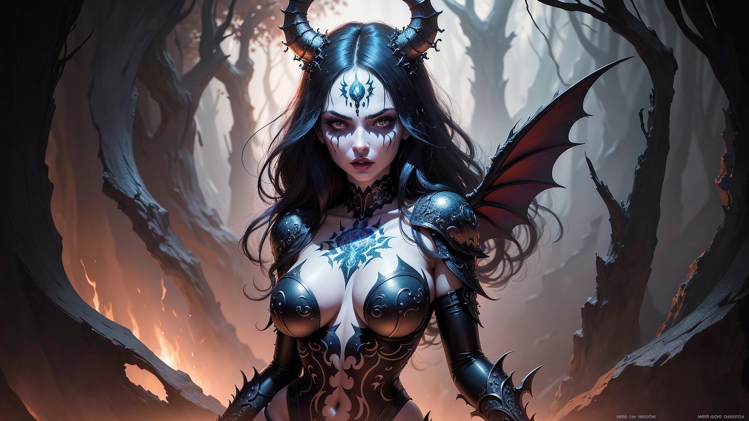 Photorealistic Close-up,  focus,  ((photoshoot)), from below, buxom demoness, flame_atronach, mature, milf, full body portrait, posing for onlyfans, slutty  succubus, glowing eyes, day of the dead, bodypaint, armoured pauldrons, scary detailed art in color, rage, sultry, amused expression, busty, curvy , , alluring,  posing with , tiny lowleg panties, , highly detailed fantasy art, beautiful fantasy art portrait, intricate detailed digital art, highly detailed digital painting, digital art fantasy art, mark brooks detailed, detailed fantasy digital art, amazing detail digital art, close-up portrait demoness skull, by Todd Lockwood, liquid metal girl