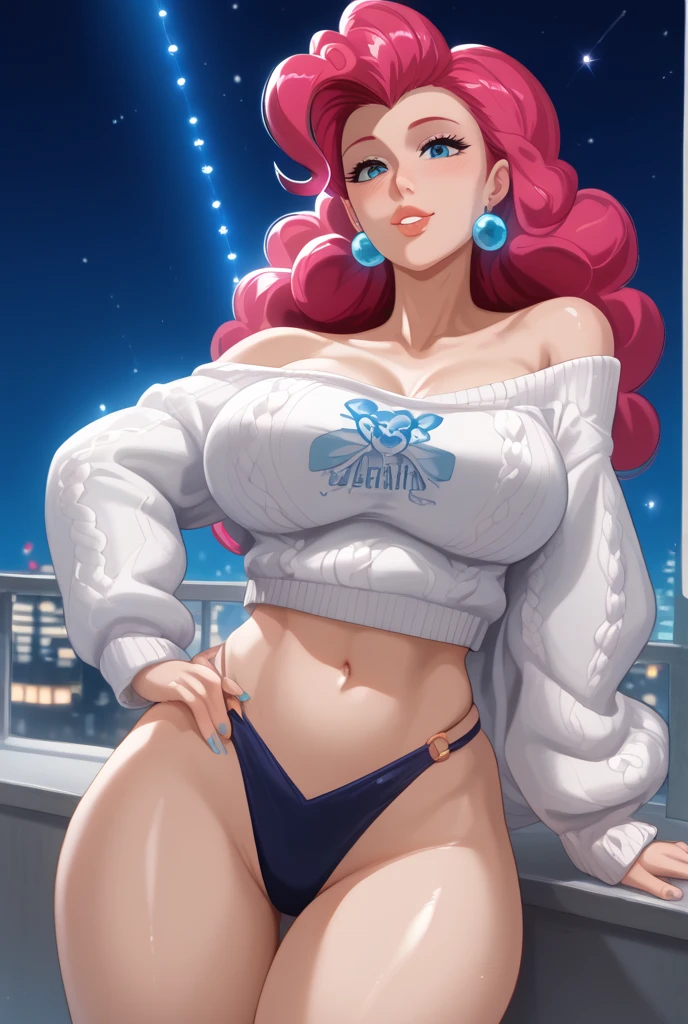 (masterpiece, best quality:1.2), cowboy shot, (solo), (1girl), glasses, long fluffy pink hair, chubby, cowboy shot, slight smile, crop top, elegant leotard, stomach, navel , large breasts, breasts niples, 