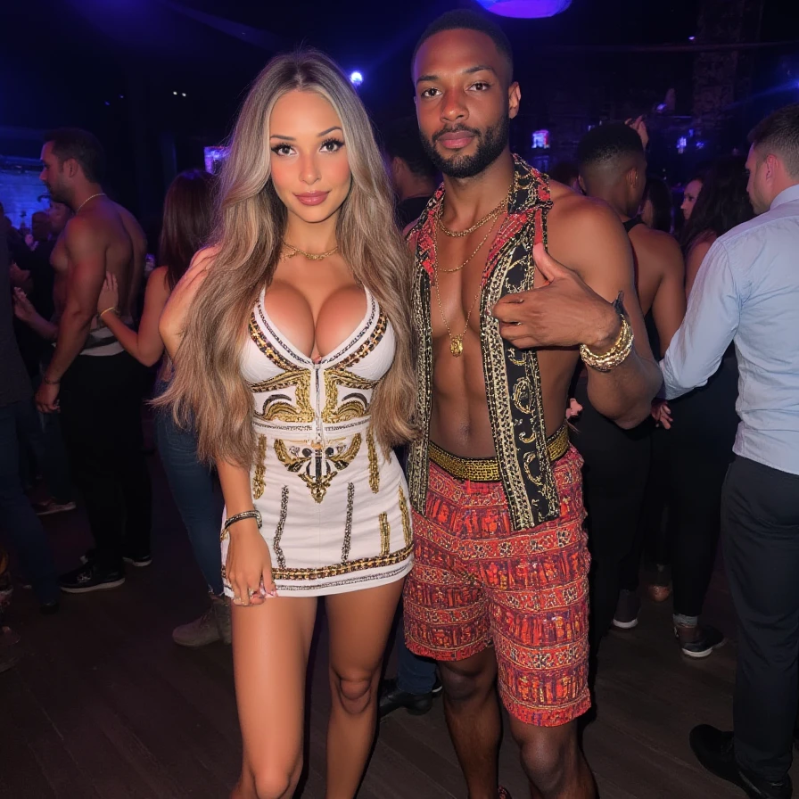 ((RAW image quality:1.4)), man and woman hugging each other, Young and handsome man, muscular,  short hair, black tank top, ink, Dark skin including the face, sunglasses, 1 peacock feather in the hair, smile, close, and a beautiful young Japanese woman, blonde long hair, wearing a strapless red dress, gold ornaments, smile, nightclub background, neon light,