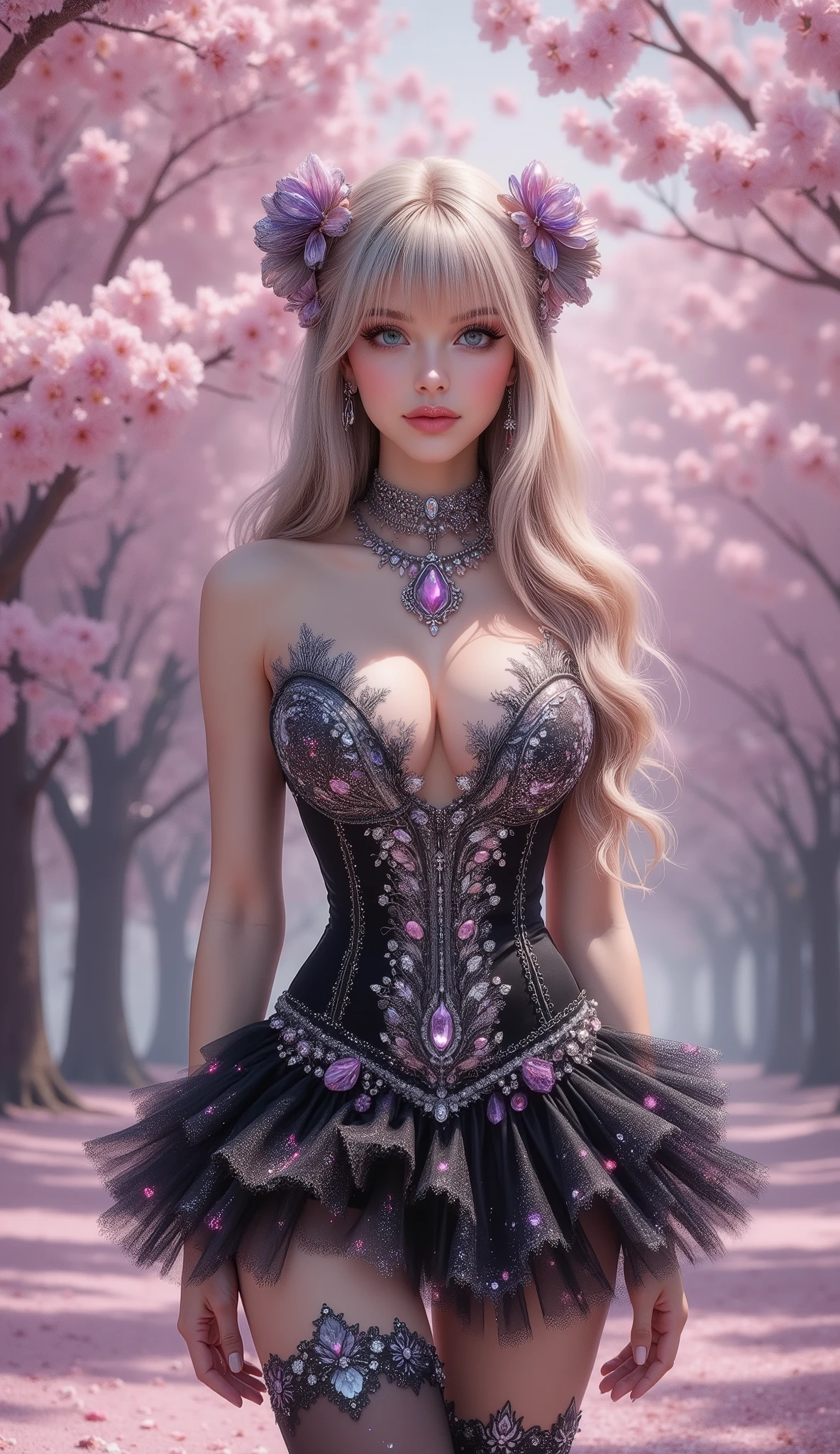 A fantasy-themed heroine stands beneath cherry blossoms, red hair, wearing a white strapless corset-like dress with a deep cleavage, adorned with sparkling jewels and intricate magical embroidery. The dress has a structured hourglass silhouette, softly shimmering in pastel hues. She also wears a  ruffled micro mini skirt with a galaxy motif, thigh-high jewels, very long and thick lace stockings that reach down to the crotch with a black lava and flames motif with chain garters, a bracelet that wraps around her thighs, and an ornate red crystal necklace around her neck. The overall look is ethereal, celestial, and elegant, evoking a magical guardian from a fantasy world. The lighting is soft, the atmosphere springtime, and the forest backdrop is enchanting.