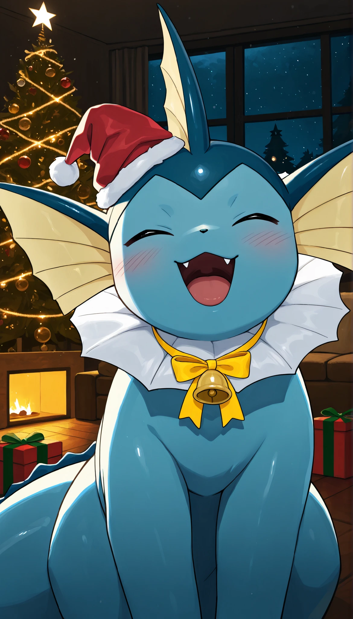 best quality,best resolution,Vaporeon,(young :1.2),pokemon,mini santa hat,yellow small bell ribbon collar,living room,romantic light,night,chistmas theme,christmas tree,christmas decorations,looking at viewer,plenty gift boxs,blush,smile,open mouth,fangs,close up,two eyes closed