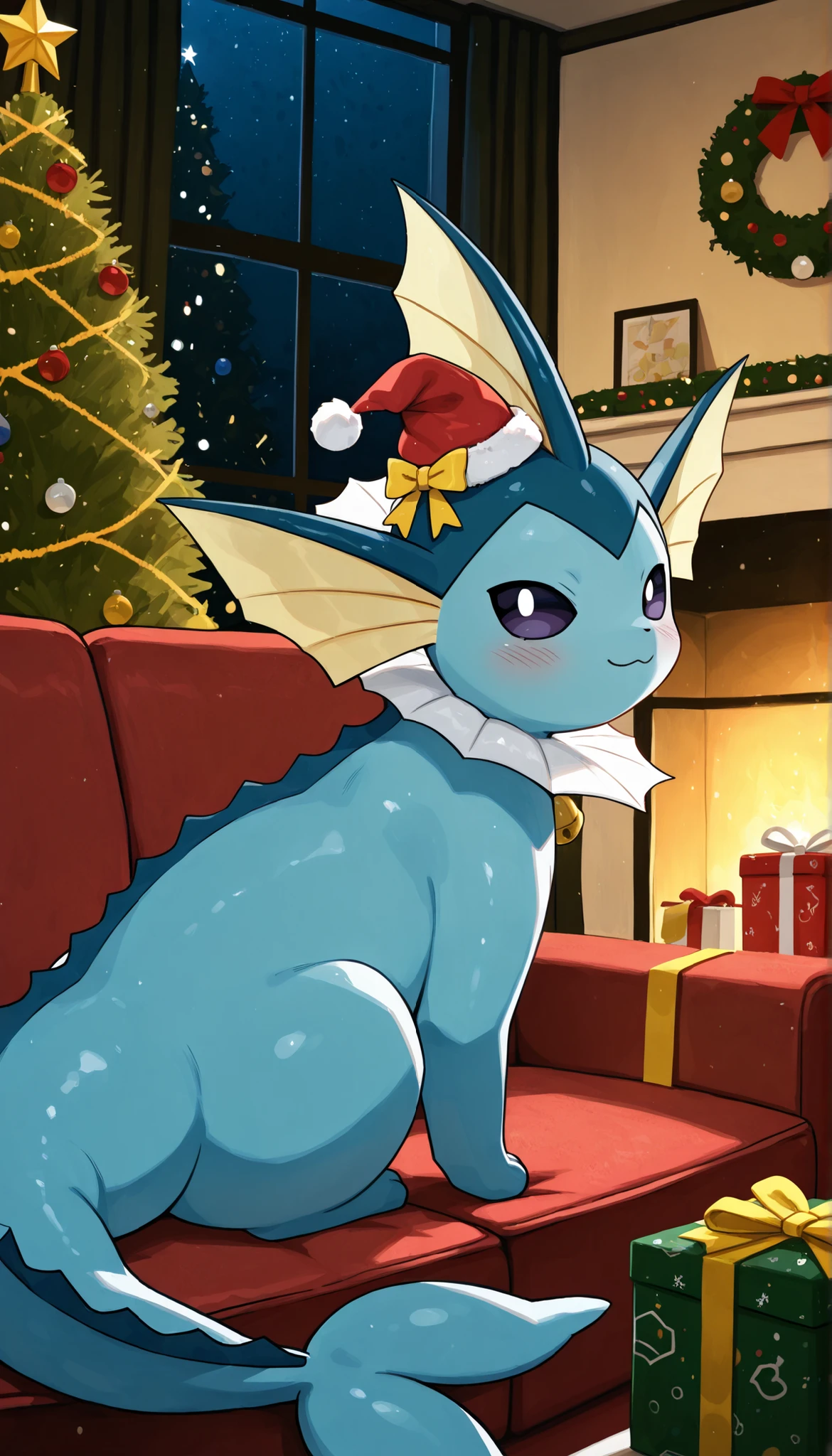 best quality,best resolution,Vaporeon,(young :1.2),pokemon,mini santa hat,yellow small bell ribbon collar,living room,romantic light,night,chistmas theme,christmas tree,christmas decorations,looking back,plenty gift boxs,blush,smile,close up,sitting on sofa