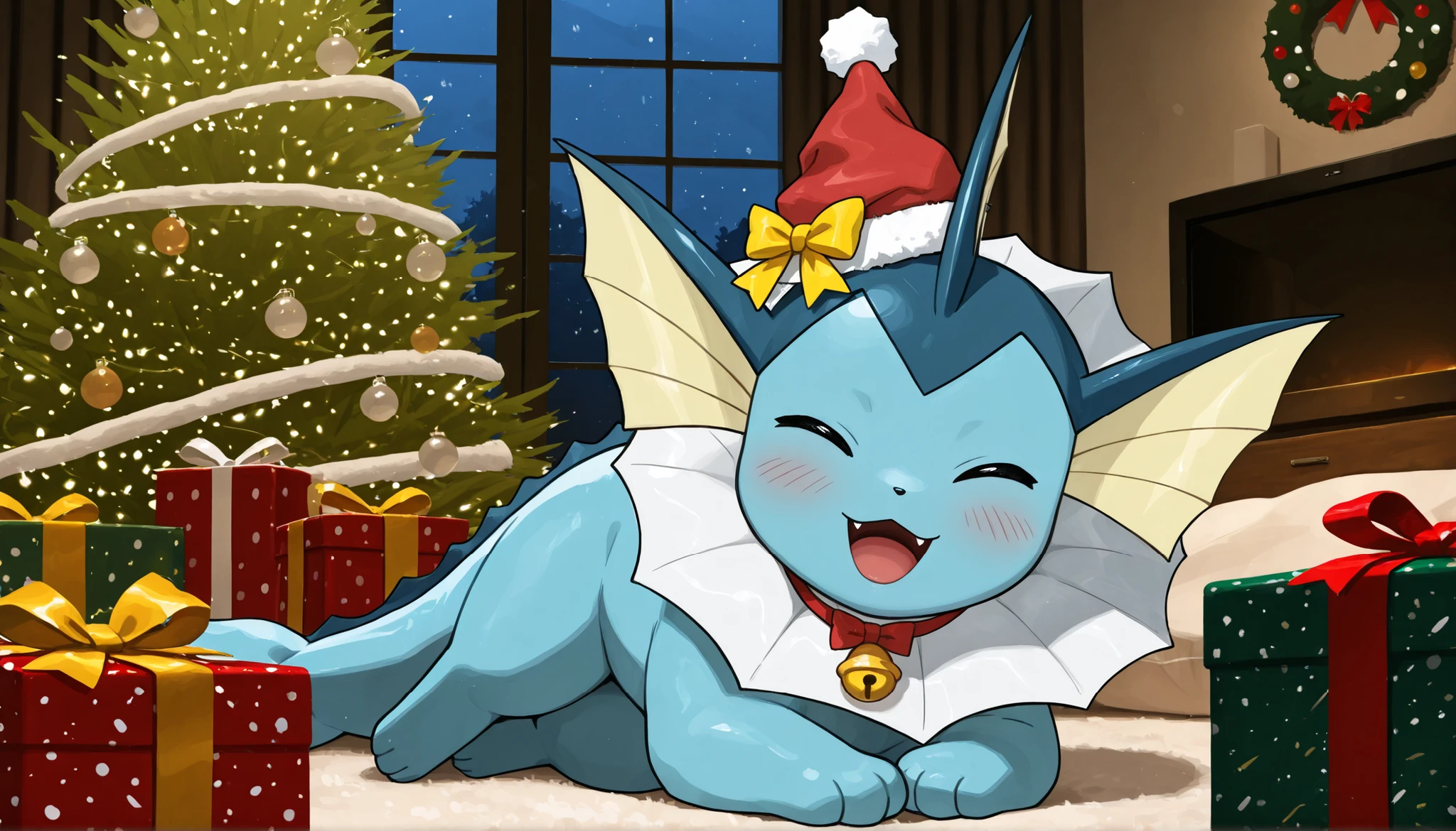 best quality,best resolution,Vaporeon,(young :1.2),pokemon,mini santa hat,yellow small bell ribbon collar,living room,romantic light,night,chistmas theme,christmas tree,christmas decorations,looking at viewer,plenty gift boxs,blush,smile,open mouth,fangs,close up,two eyes closed,on side,looking at viewer.crawling