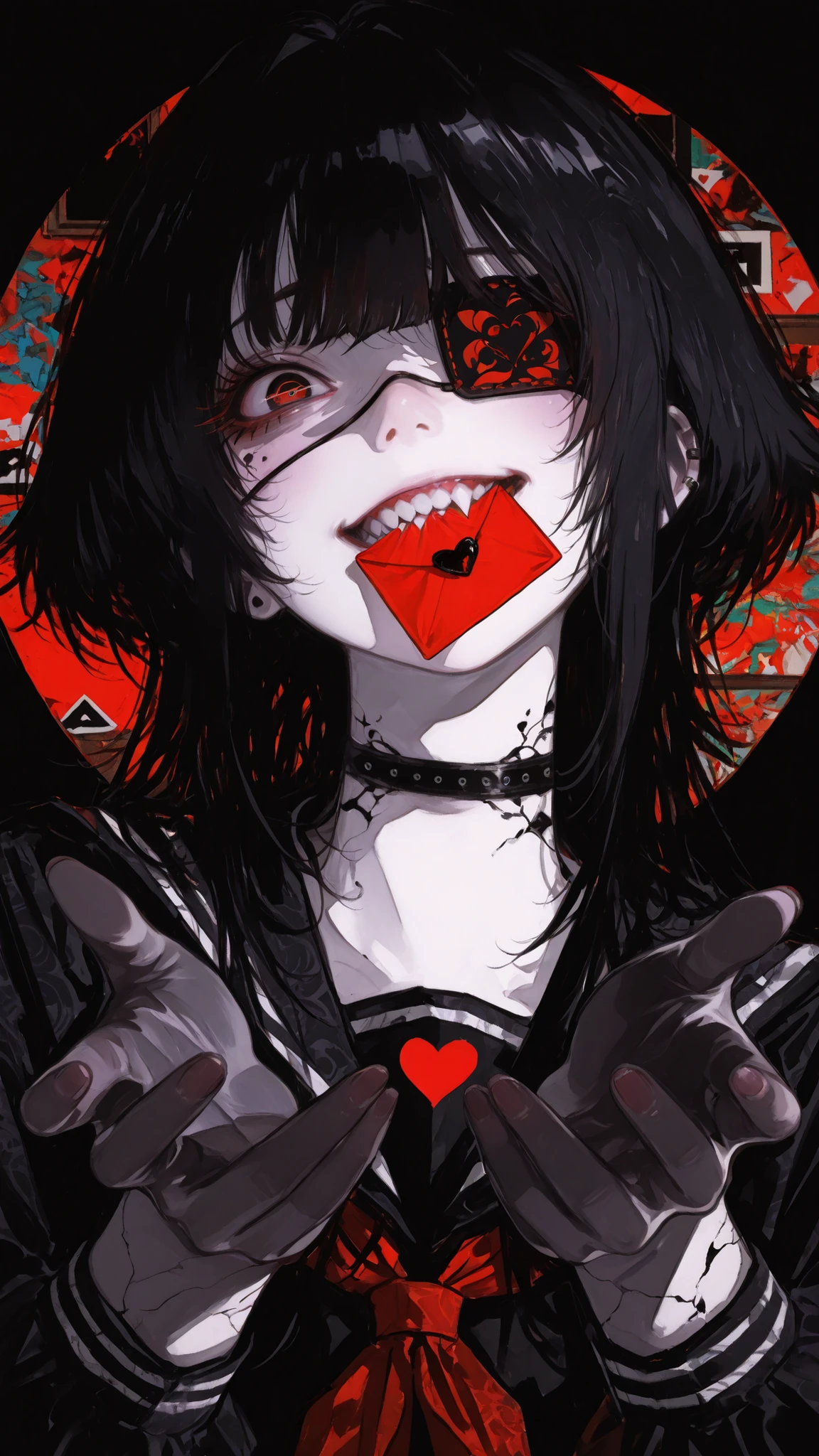 low angle,eye_focus,solo, cute girl face, (biting a black love letter:1.3),(black color letter with red heart:1.1),long black hair with neat bangs, pale skin, wearing a right medical eyepatch, black seifuku, sanpaku eyes, (crazy grin, wide manic eyes:1.1),both hands reaching towards viewer, feminine and unsettling expression, Japanese horror aesthetic, pop-art reinterpretation, high-contrast pop-art color palette, stylized thick outlines, vibrant graphic shading, sharp highlights, glossy details, dynamic close-up portrait
background filled with multiple distorted faces, surreal and terrible atmosphere, layered pattern of warped expressions, chaotic pop-art collage, bold shapes and high-saturation tones, eerie yet visually striking mood,
asymmetrical lighting, only half of her face exposed to intense light, other half sinking into darkness, eerie contrast,
ultra-detailed skin texture, refined hair strands, crisp linework, illustrative rendering, illustrius style optimization, high resolution, dramatic lighting, expressive composition, museum-grade pop-art horror illustration
children-drawing,1sh1da,sui,